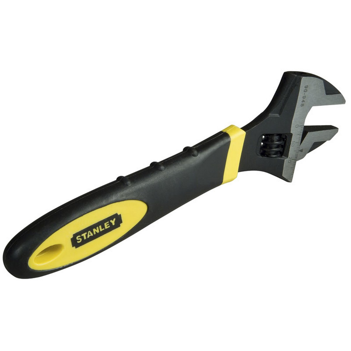 Black and yellow Stanley adjustable wrench. Handle has yellow accents.