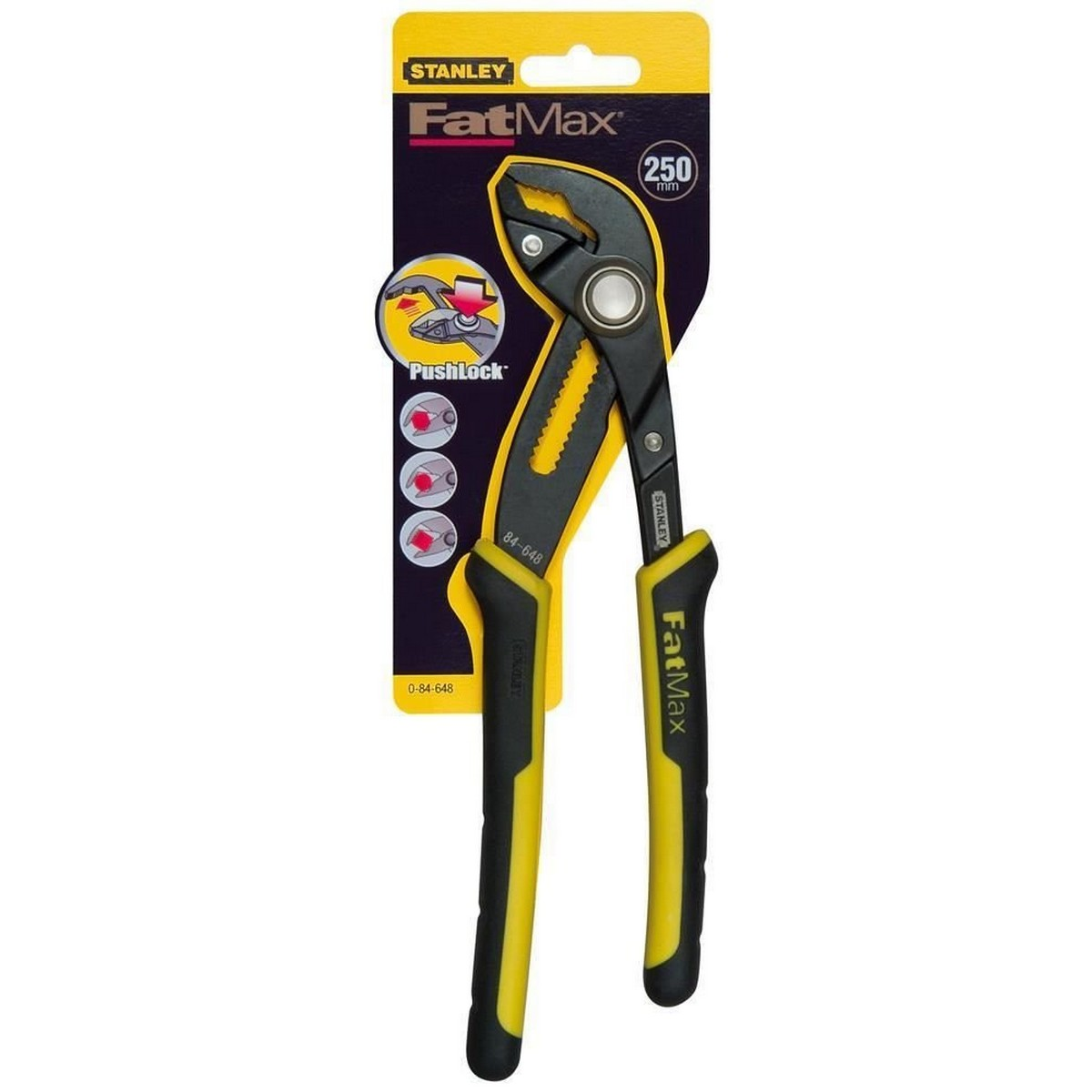 Alicates Stanley FatMax negros y amarillos en una tarjeta de exhibición. Se muestra la función PushLock.