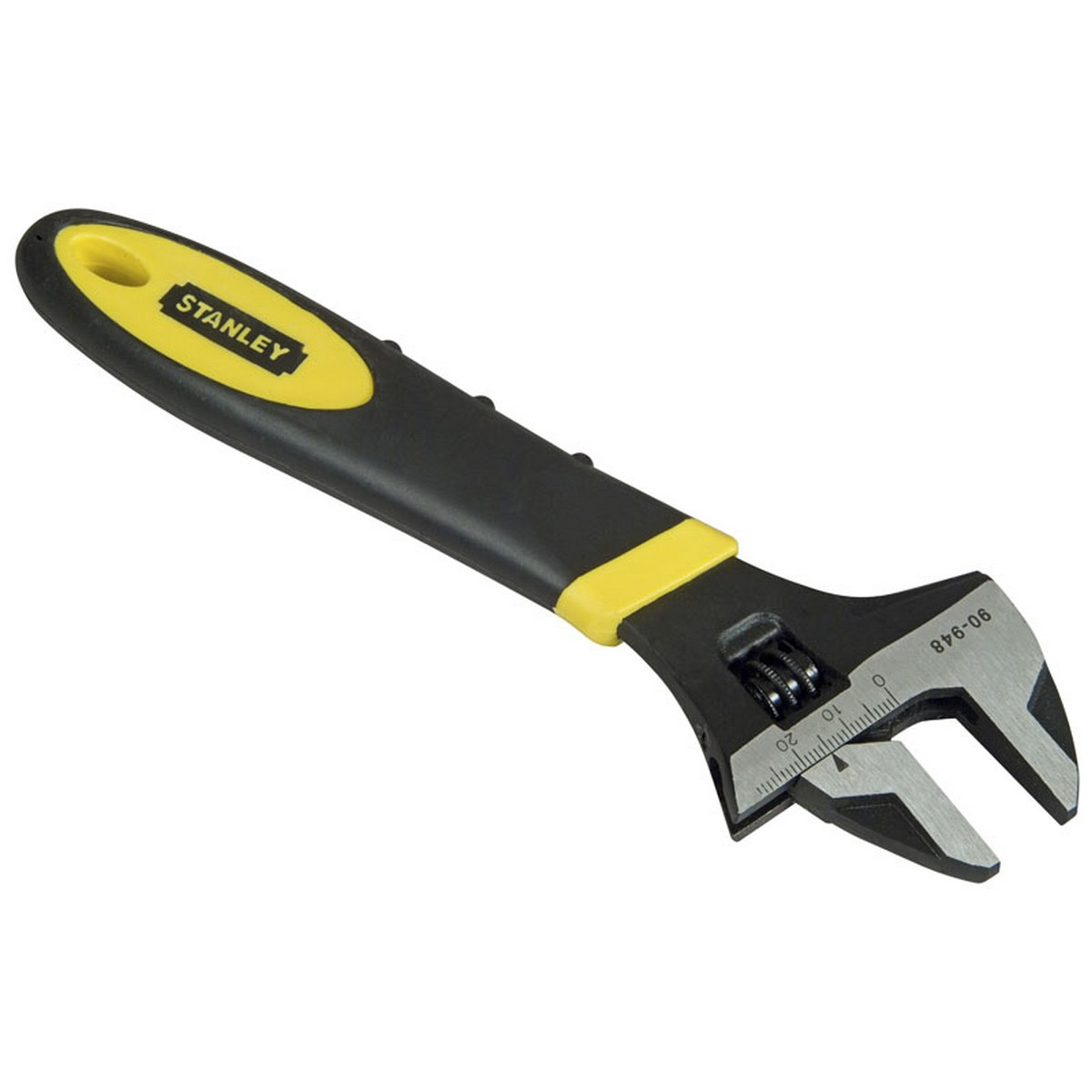 Una llave ajustable. Es negra y amarilla. La marca es Stanley. Está sobre un fondo blanco.
