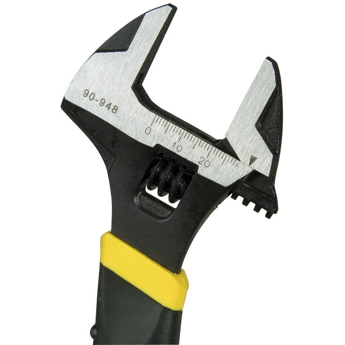Primer plano de una llave ajustable. Negro y plata. La marca es Stanley. Está sobre un fondo blanco.