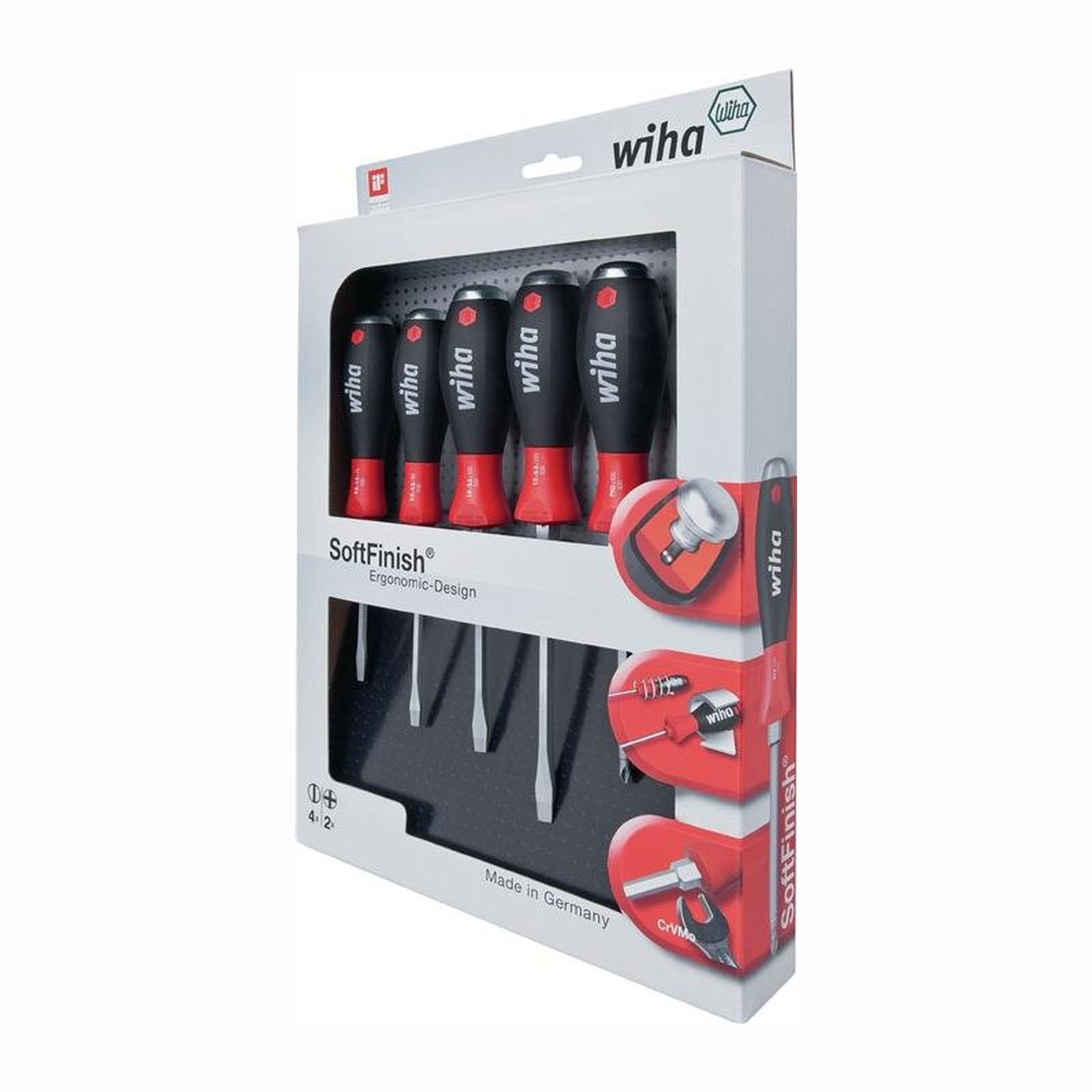 Zestaw śrubokrętów Wiha w opakowaniu, czerwone uchwyty, czarne uchwyty, białe tło.