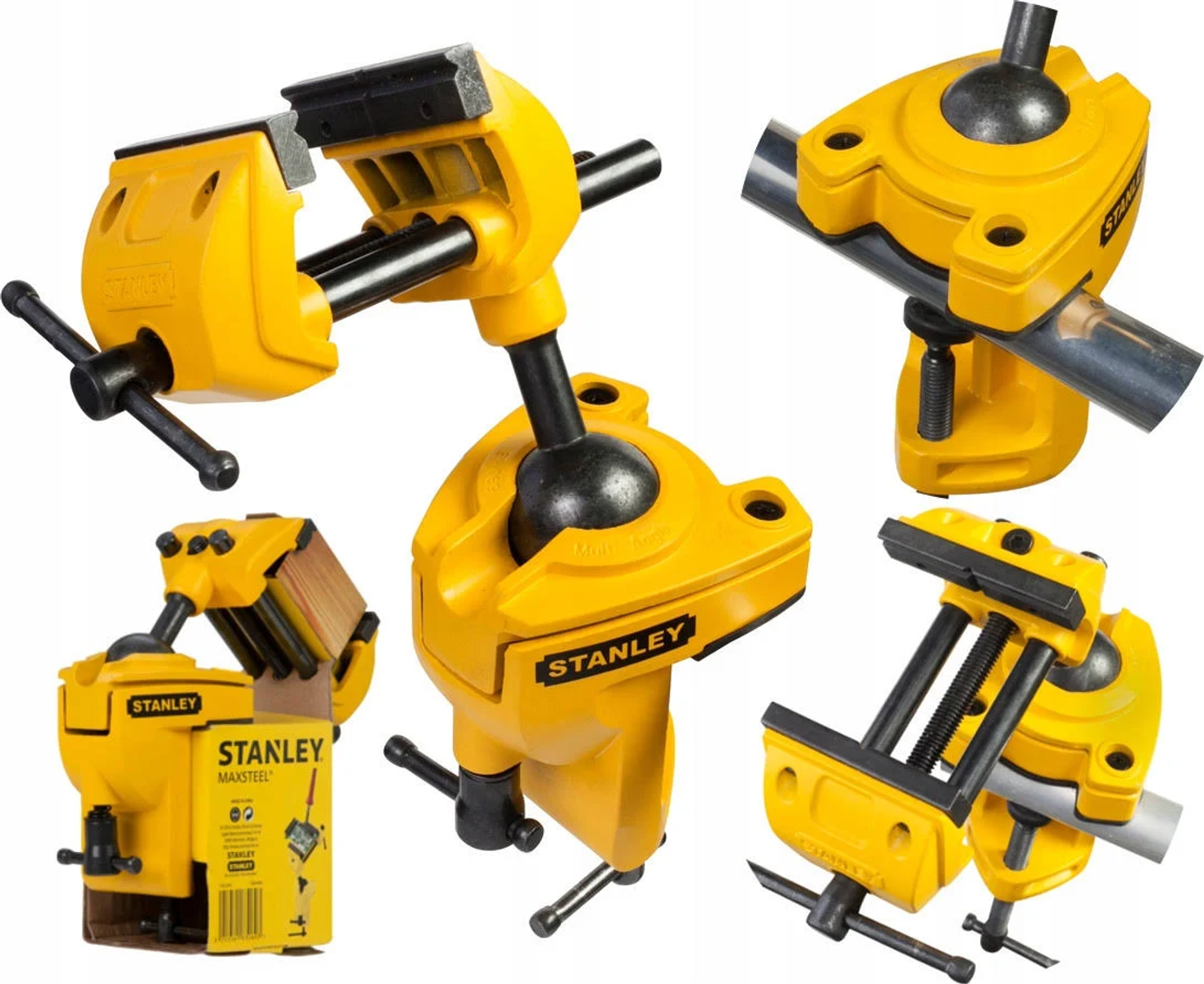 Mehrere Ansichten eines gelben Stanley-Schraubstocks, verschiedene Winkel, mit einer Box.