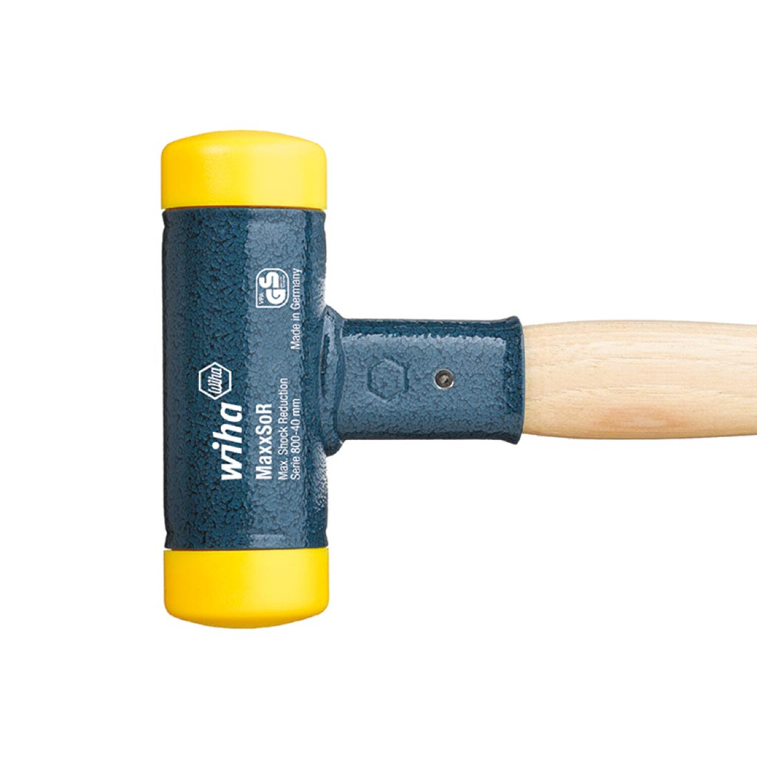 Un martillo Wiha MaxxSoR amarillo y azul con mango de madera, aislado sobre blanco.