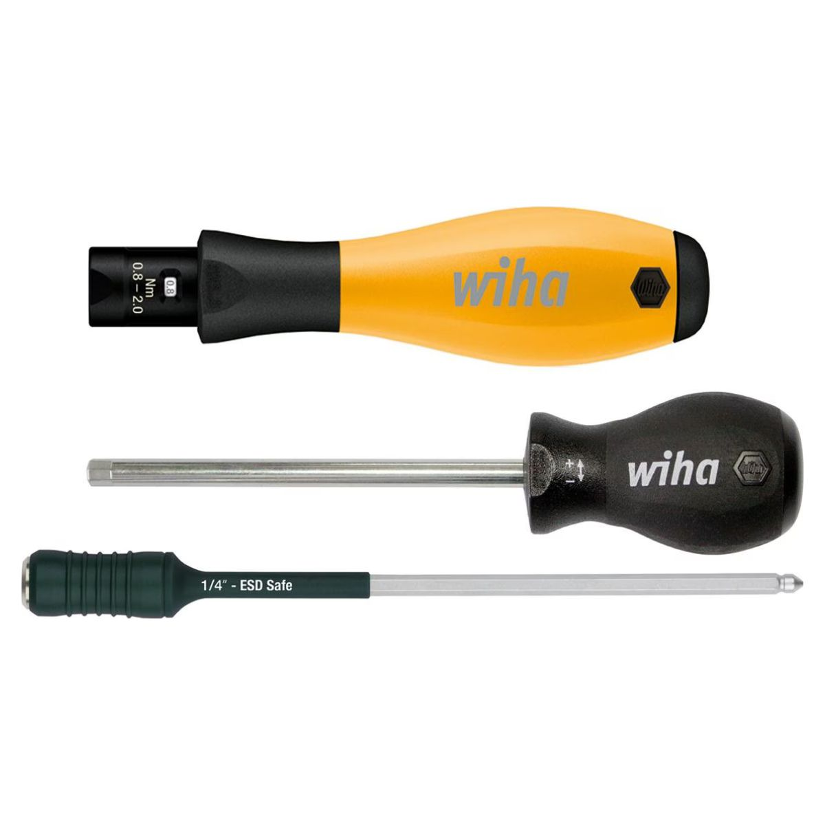 Trzy śrubokręty: żółto-czarny, czarny i zielony uchwyt z etykietą 1/4" ESD safe.