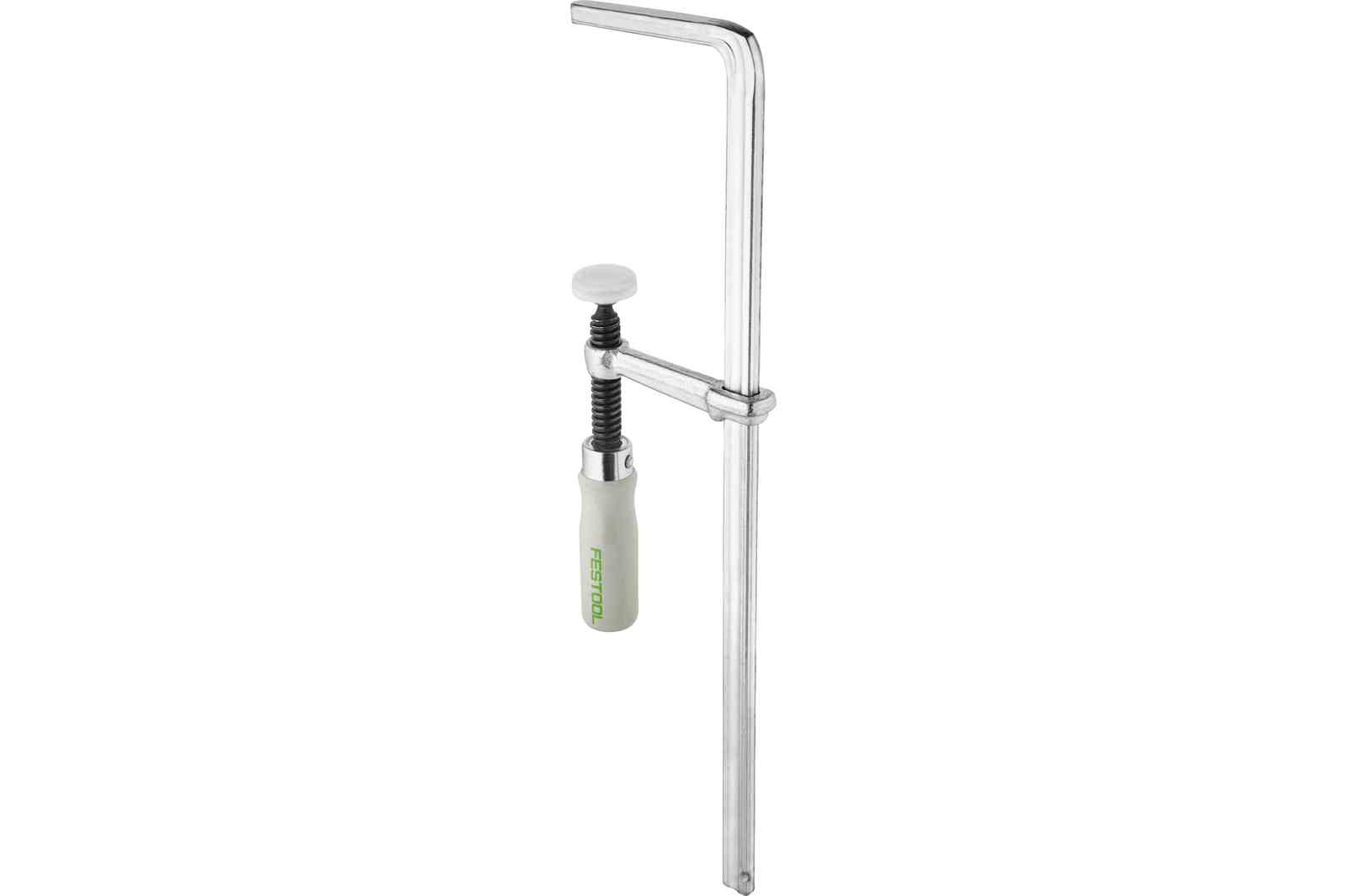 Ścisk Festool, srebrny i biały, rozłożony, białe tło.