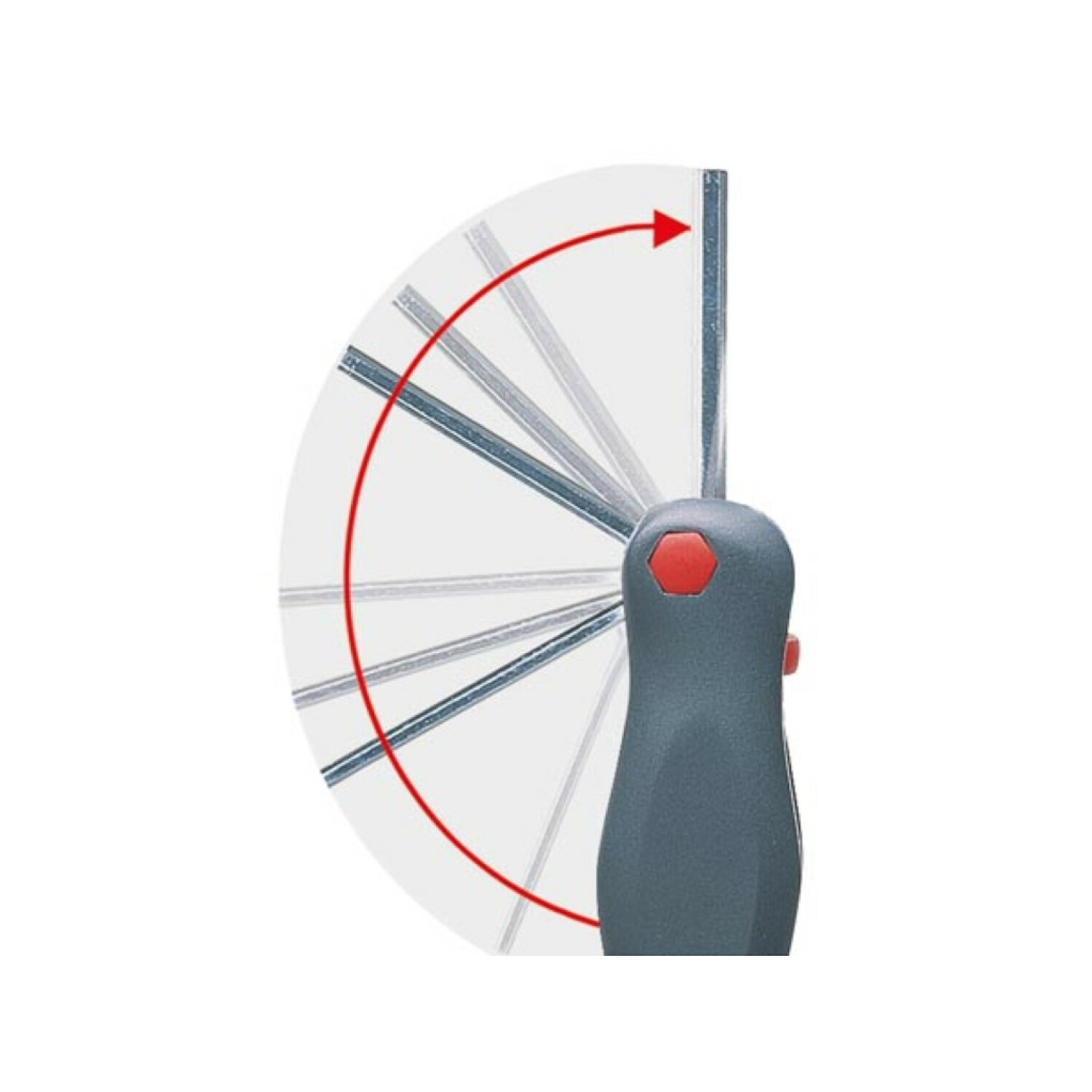 Narzędzie z szarym uchwytem i czerwonym przyciskiem, z narzędziami rozciągającymi się w prawo.