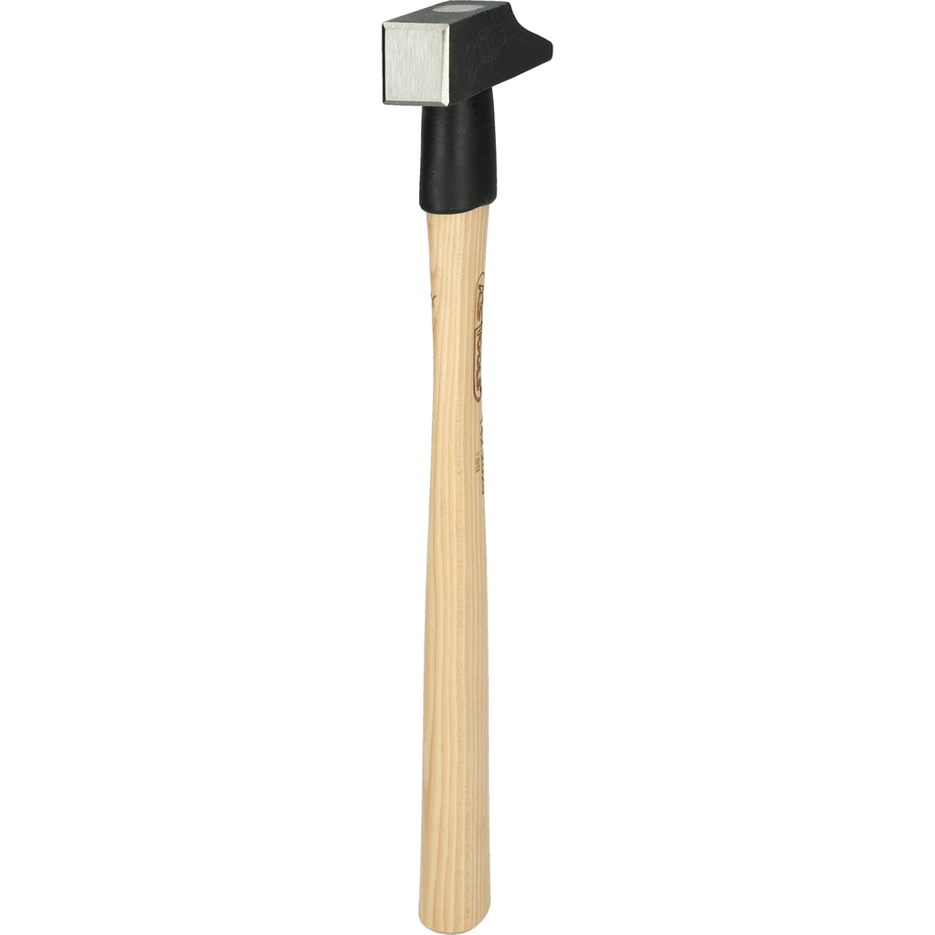 Hammer mit Holzgriff, schwarzem Kopf.