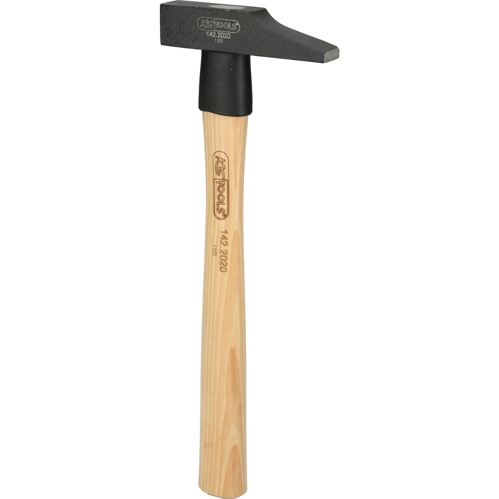 Hammer mit Holzgriff, schwarzem Kopf.