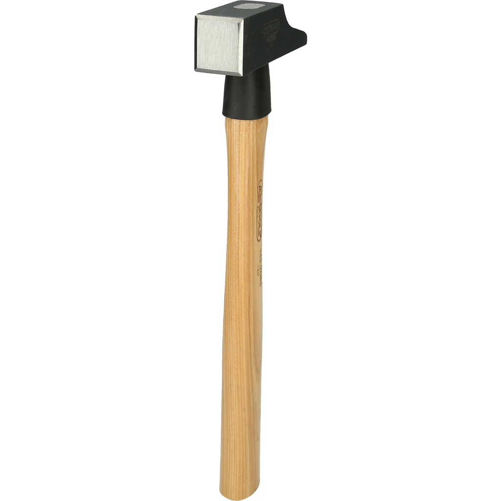 Hammer mit Holzgriff und schwarzem Kopf. Der Kopf ist ein quadratischer Block mit flacher Schlagfläche.