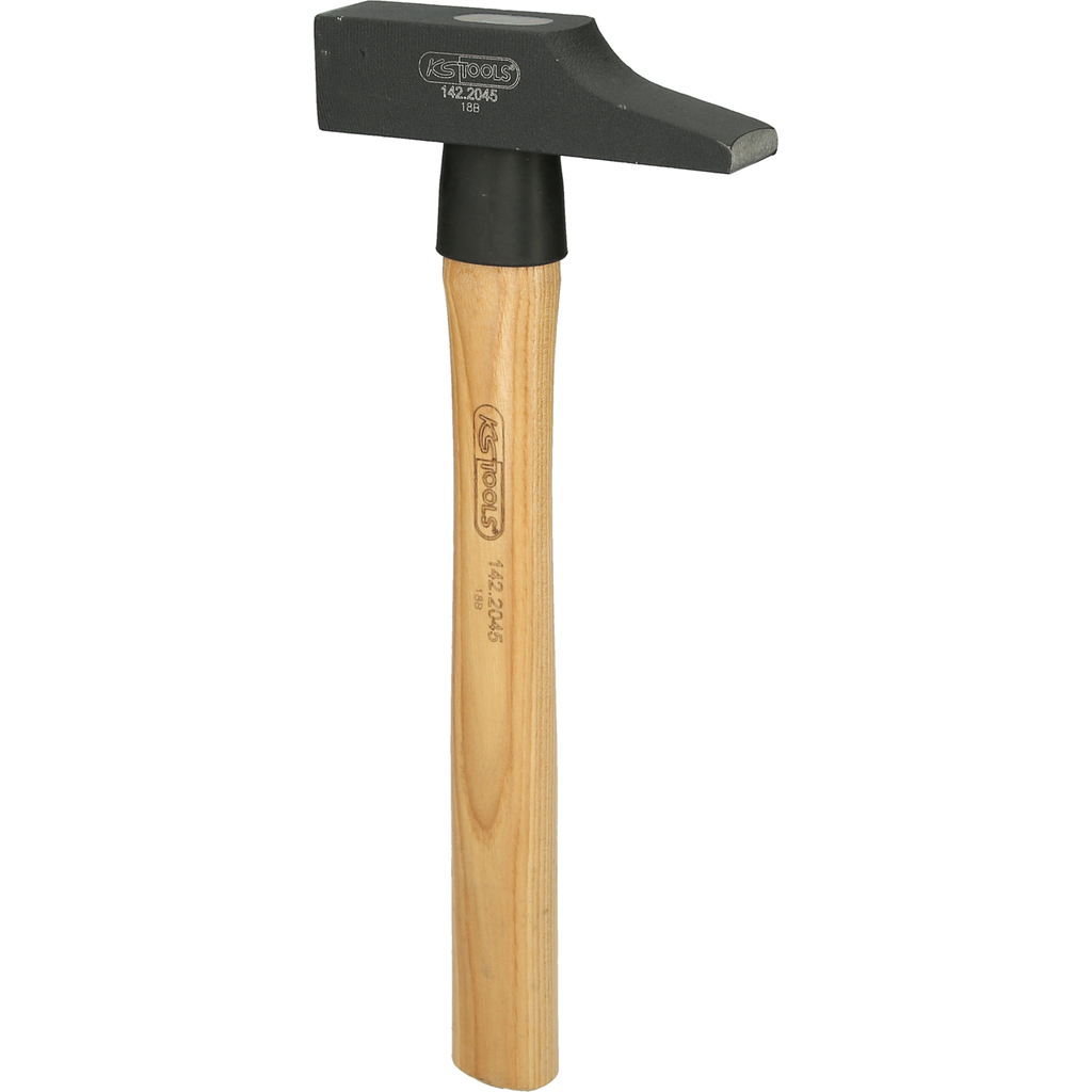 Hammer mit Holzgriff und schwarzem Kopf mit flacher, angewinkelter Schlagfläche.
