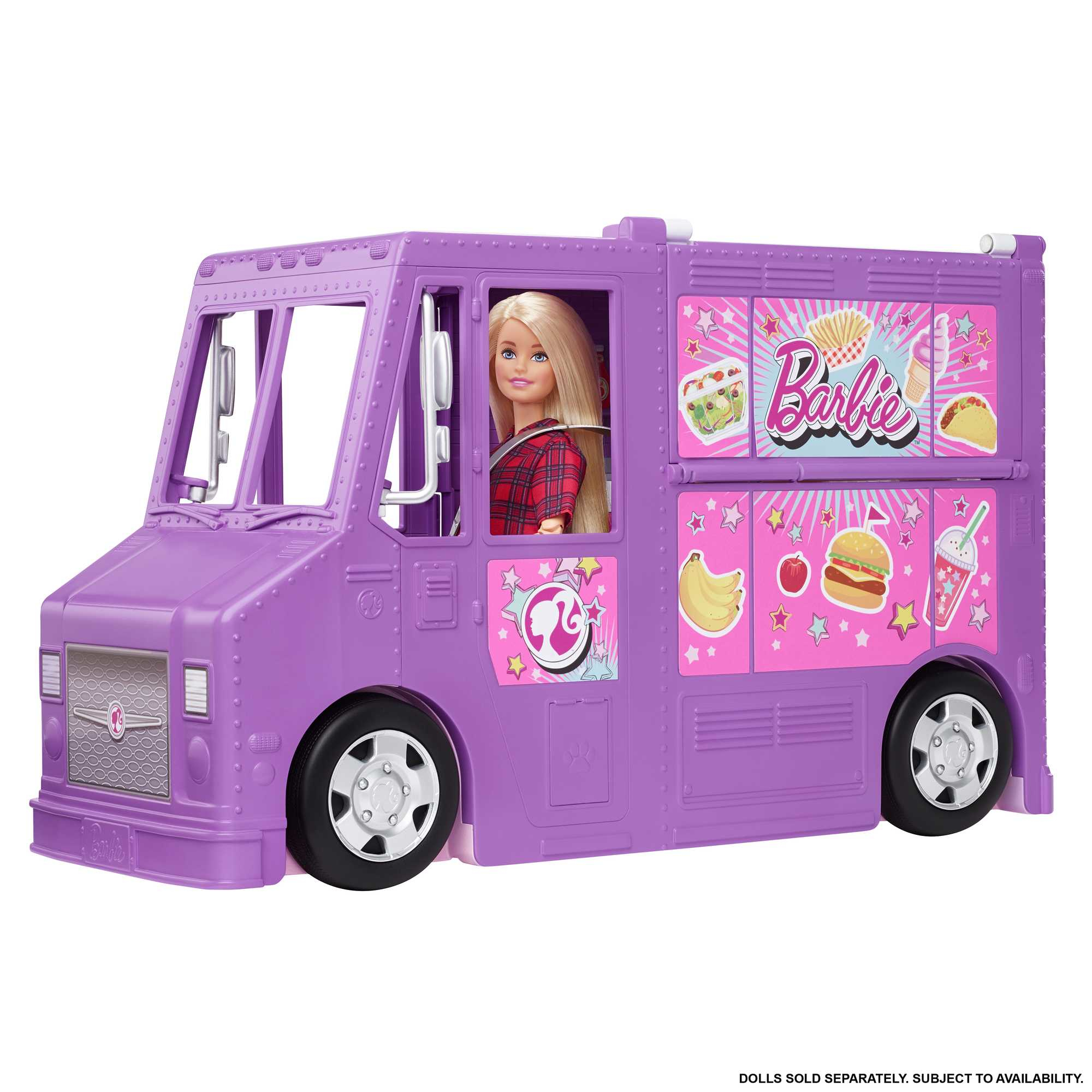 Ein lila Barbie-Foodtruck mit einer blonden Puppe im Inneren und Essensgrafiken an der Seite.