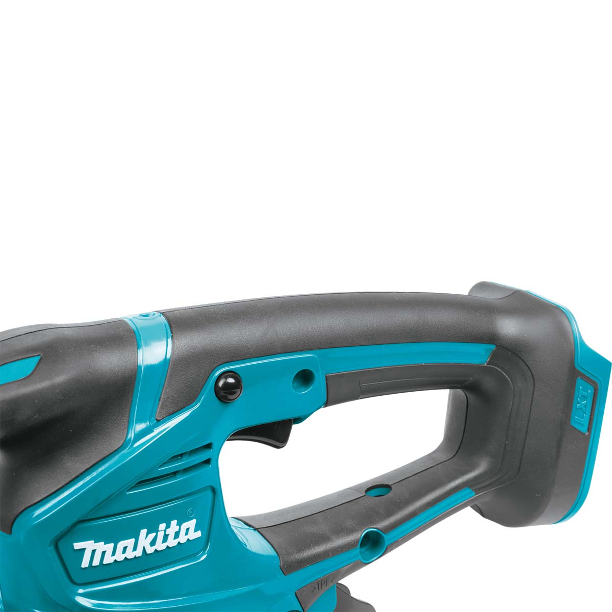 Mango de herramienta Makita turquesa y negro. Se ve un gatillo y un botón.