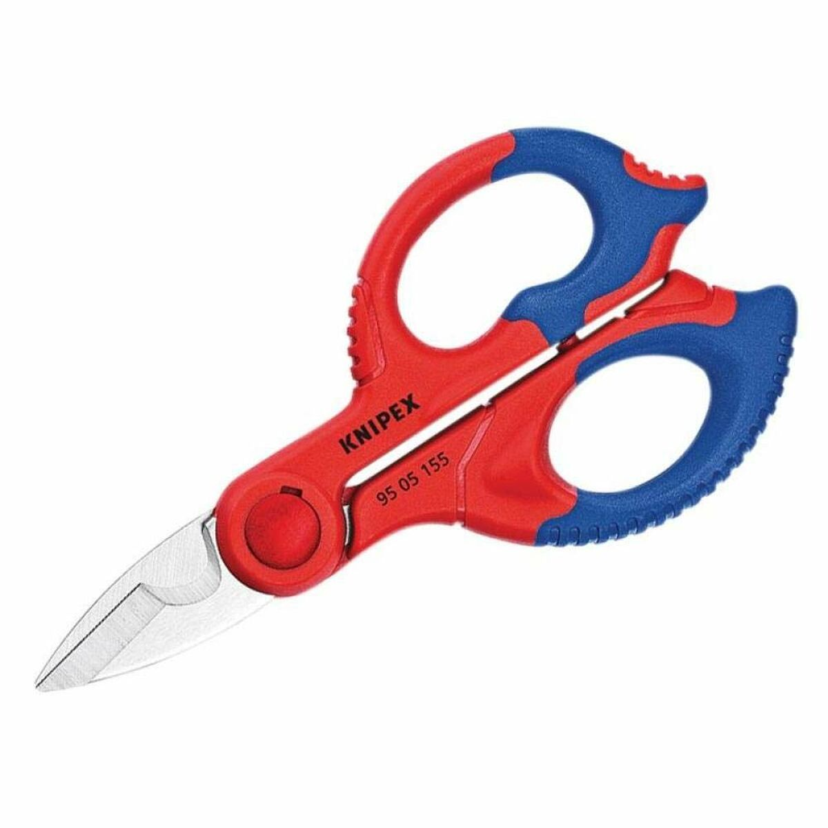 Scissors with red and blue handles, silver blades, and text. White background.