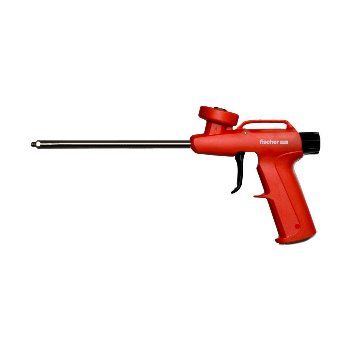 Czerwony pistolet do pianki z czarnym uchwytem i długą dyszą.