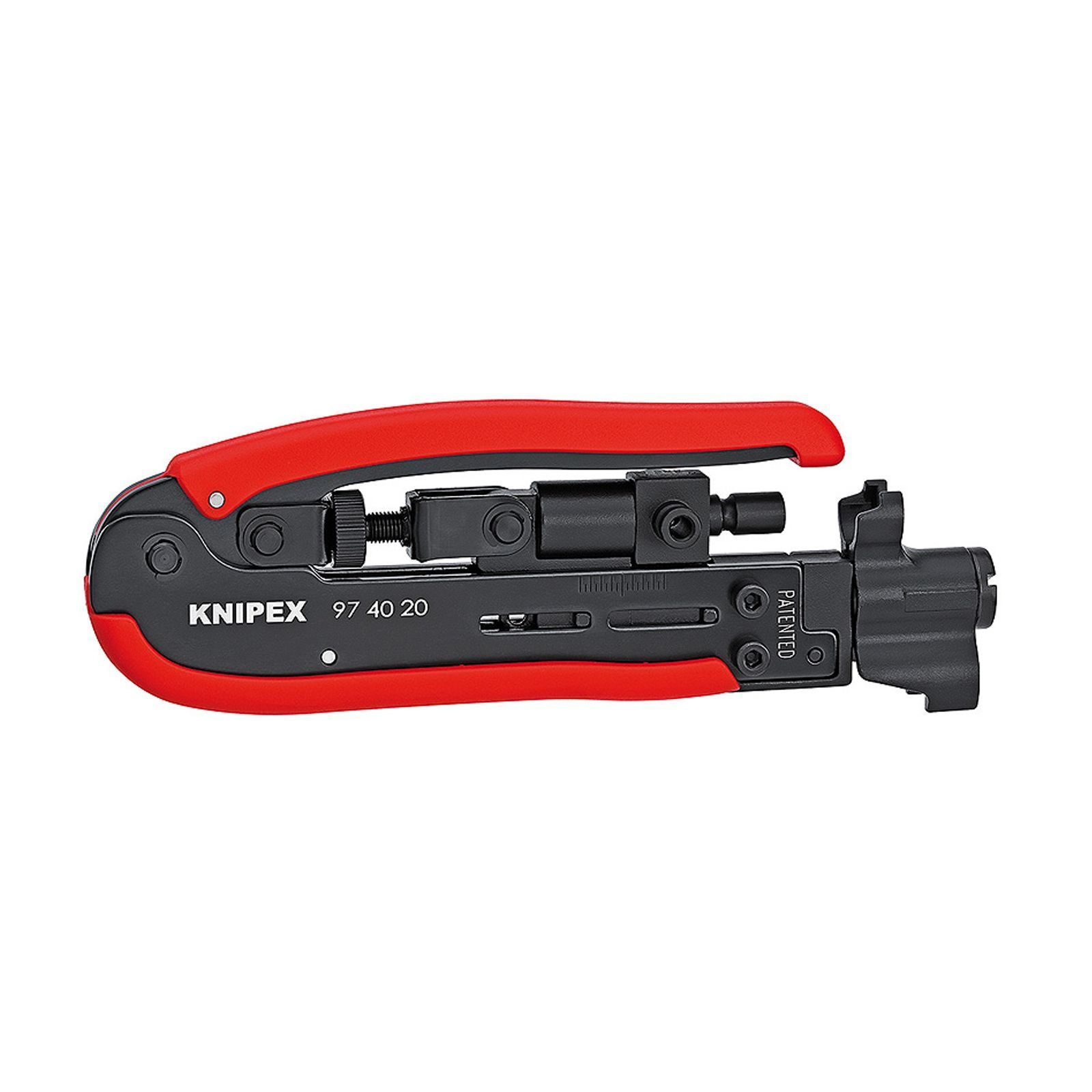 Ein rot-schwarzes Knipex-Crimpwerkzeug mit einem schwarz-roten Griff.