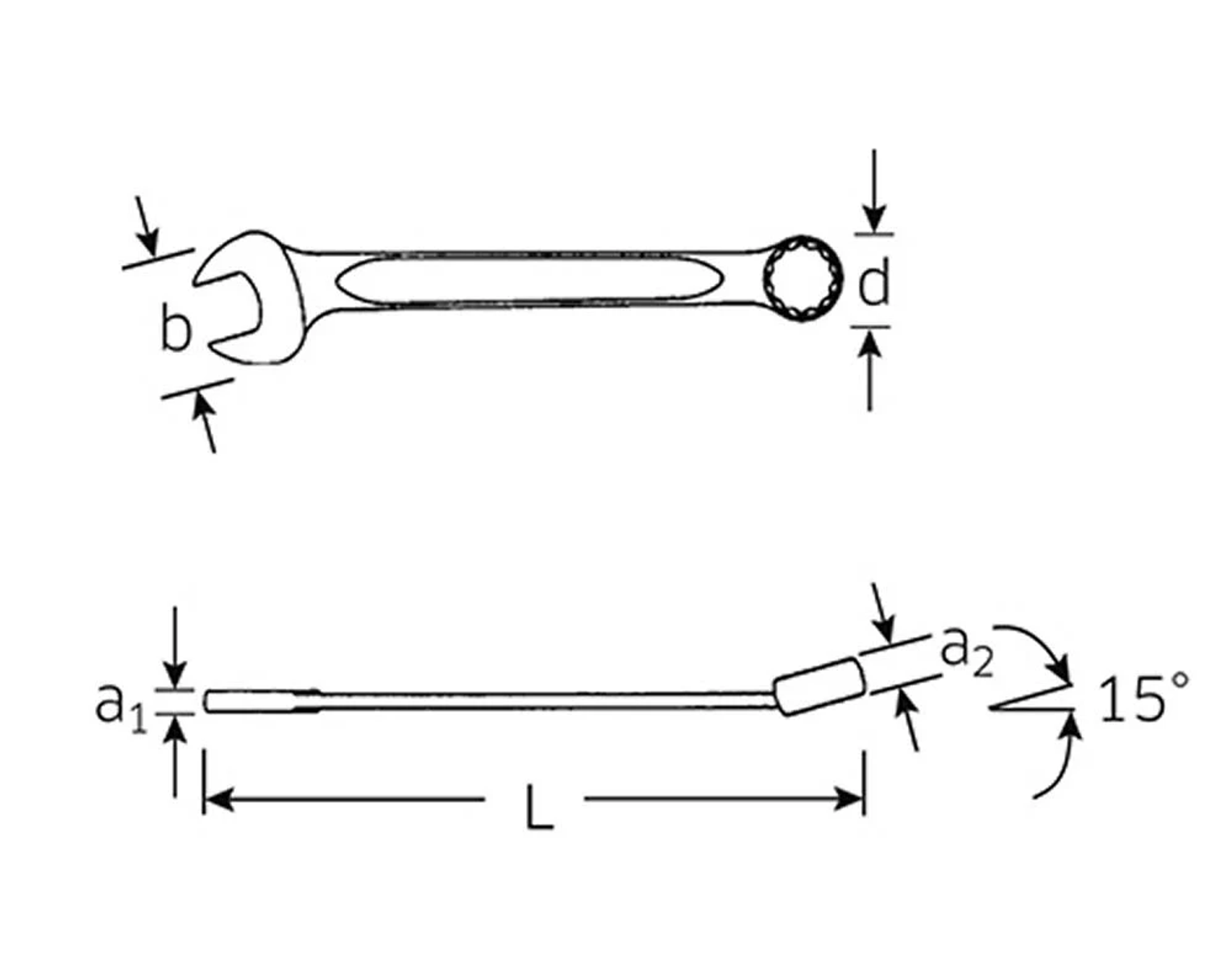 Diagramm eines Schraubenschlüssels mit Maßangaben in schwarzen Linien auf weißem Hintergrund.