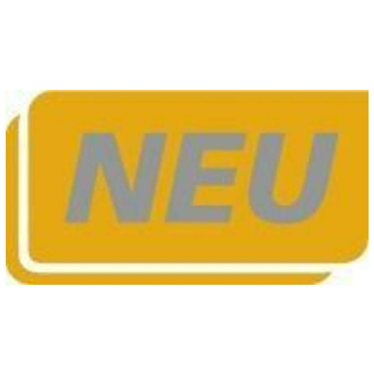Gelbes rechteckiges Schild mit abgerundeten Ecken und dem Wort 'NEU' in grauen Buchstaben.