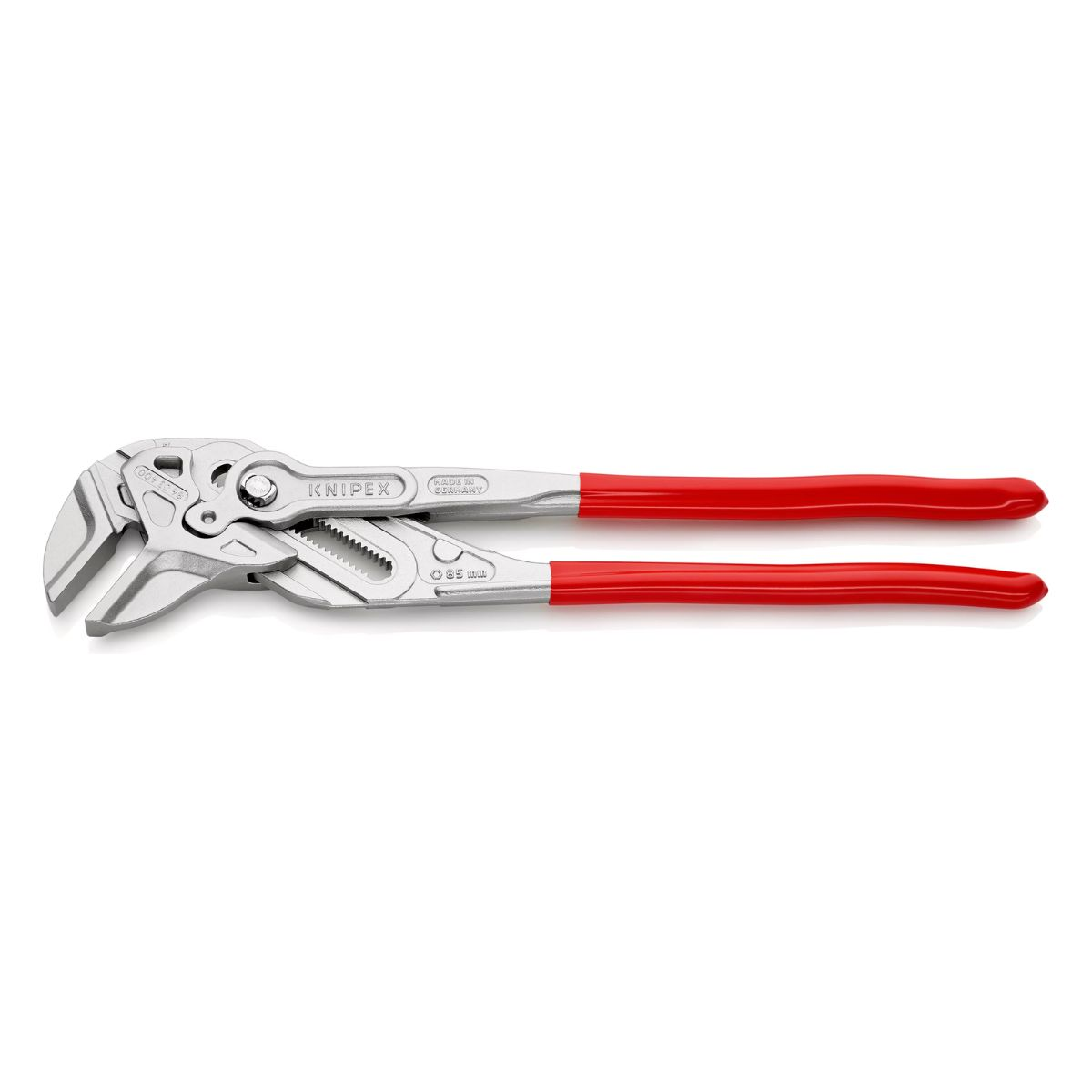 Pliers with red handles, silver jaws, and a silver hinge, on a white background.
