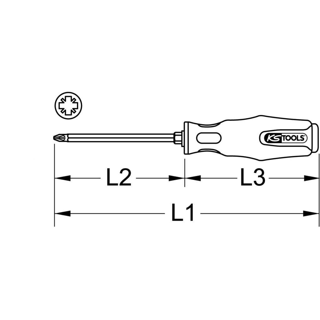 Schraubenzieher-Schema mit Abmessungen. Enthält eine Kreuzspitze und einen Griff mit der Aufschrift KS TOOLS.