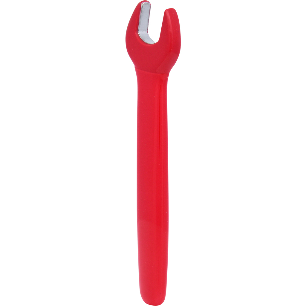 Roter Schraubenschlüssel mit U-förmiger Öffnung. Der Hintergrund ist weiß.