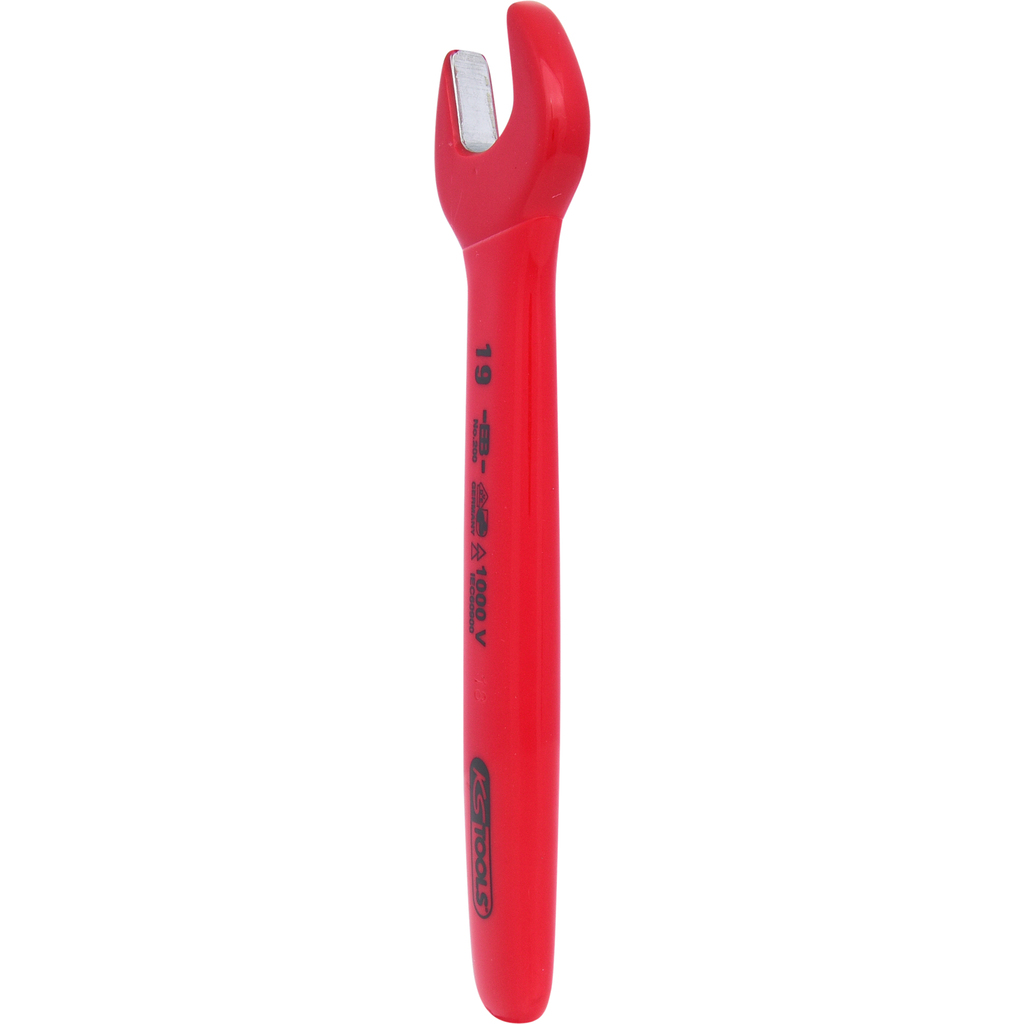 Roter Schraubenschlüssel mit U-förmiger Öffnung. Der Schraubenschlüssel ist mit schwarzem Text 19 und KS TOOLS beschriftet.