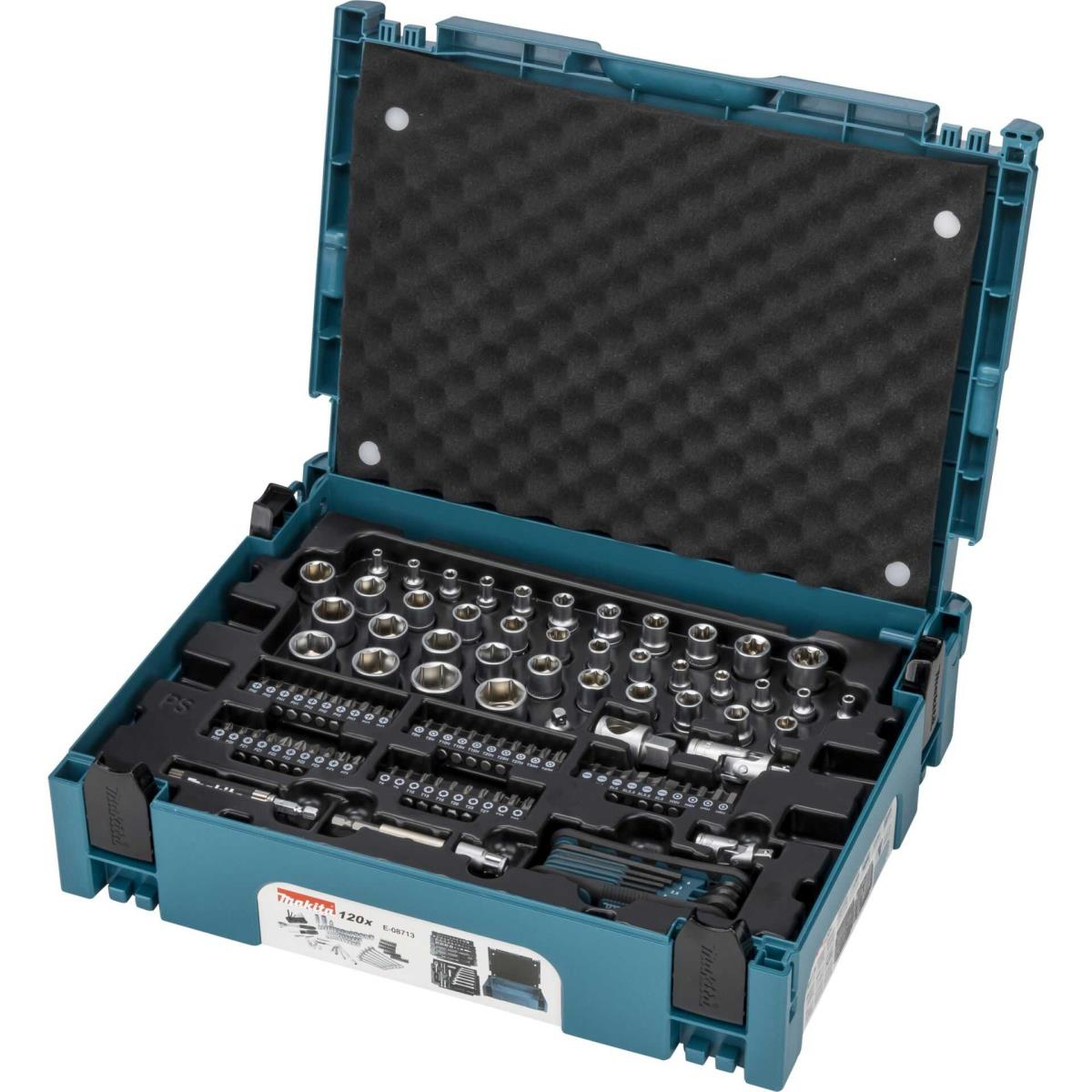 Toolbox with many tools. The toolbox is blue and open. Inside are sockets, bits, and other tools.