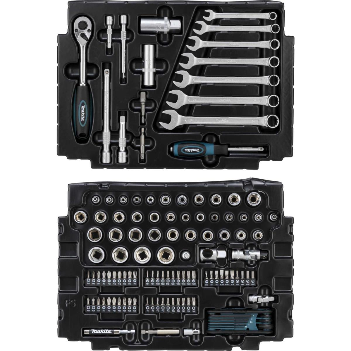 A tool set with sockets, wrenches, and bits organized in black trays.