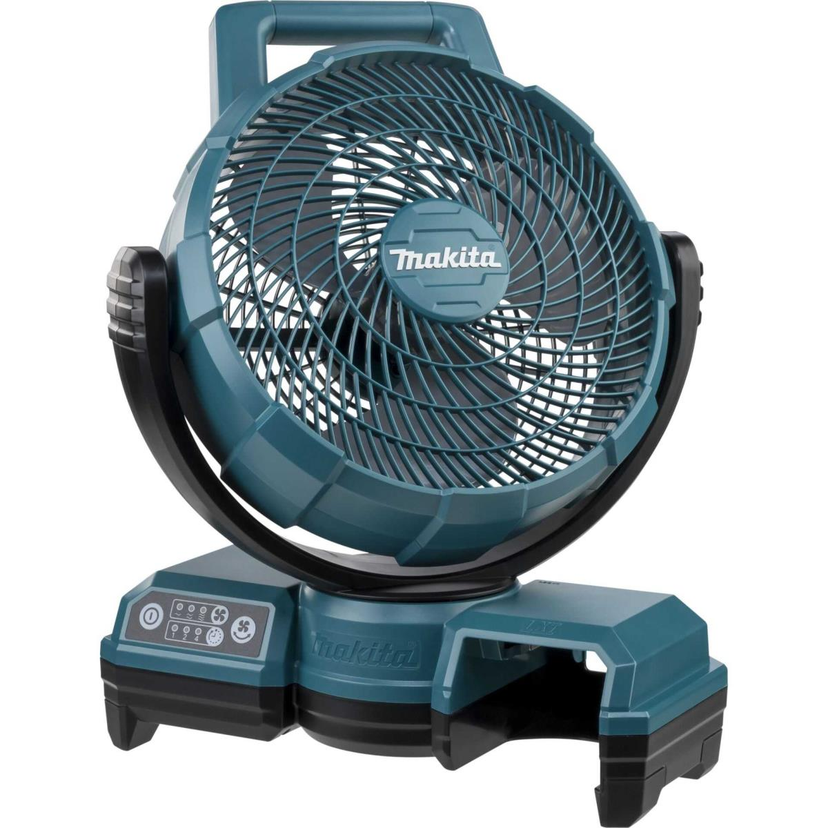 Un ventilador Makita turquesa con base negra, sobre fondo blanco.