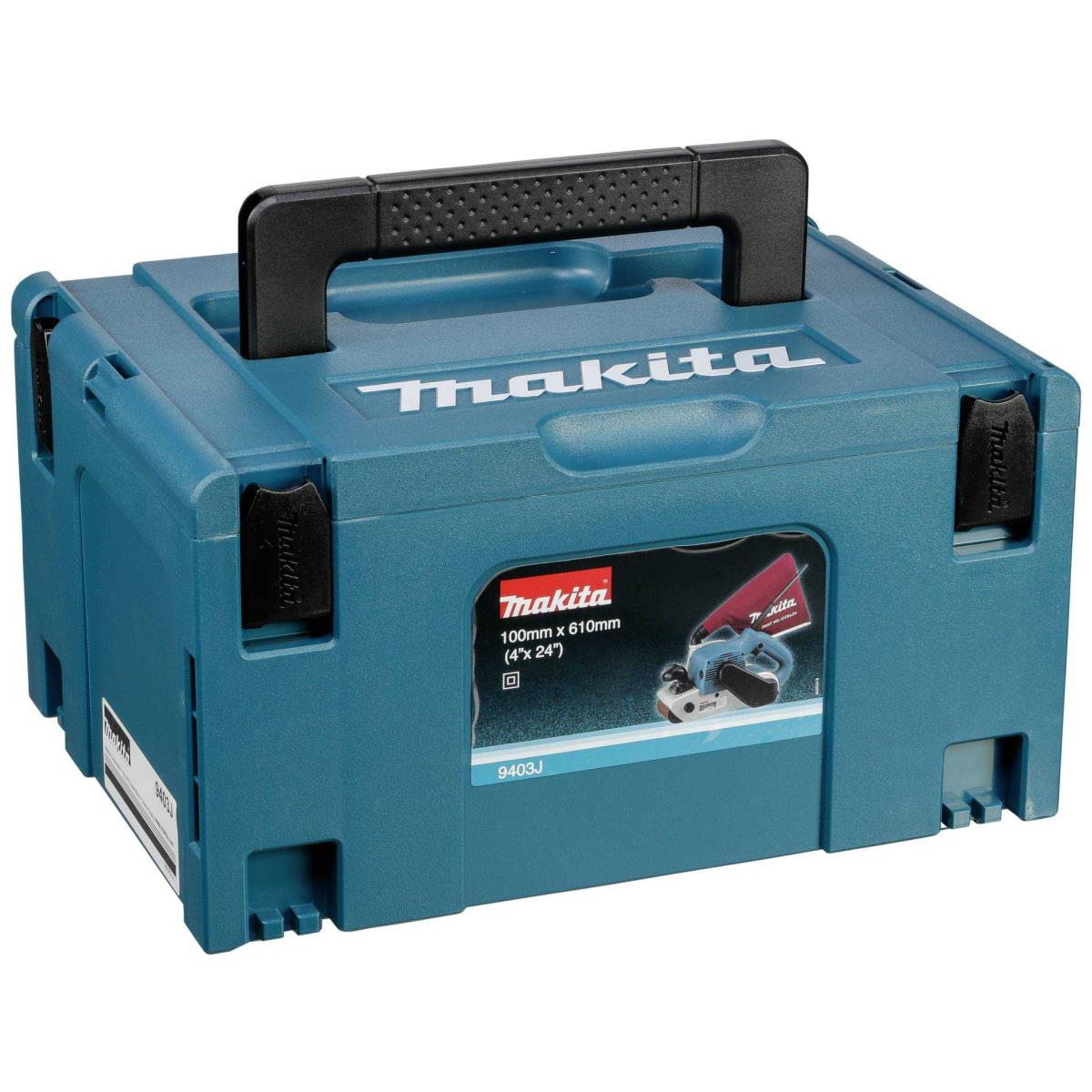 Eine blaue Makita-Werkzeugkiste mit schwarzem Griff, beschriftet mit dem Makita-Logo und Produktinformationen.