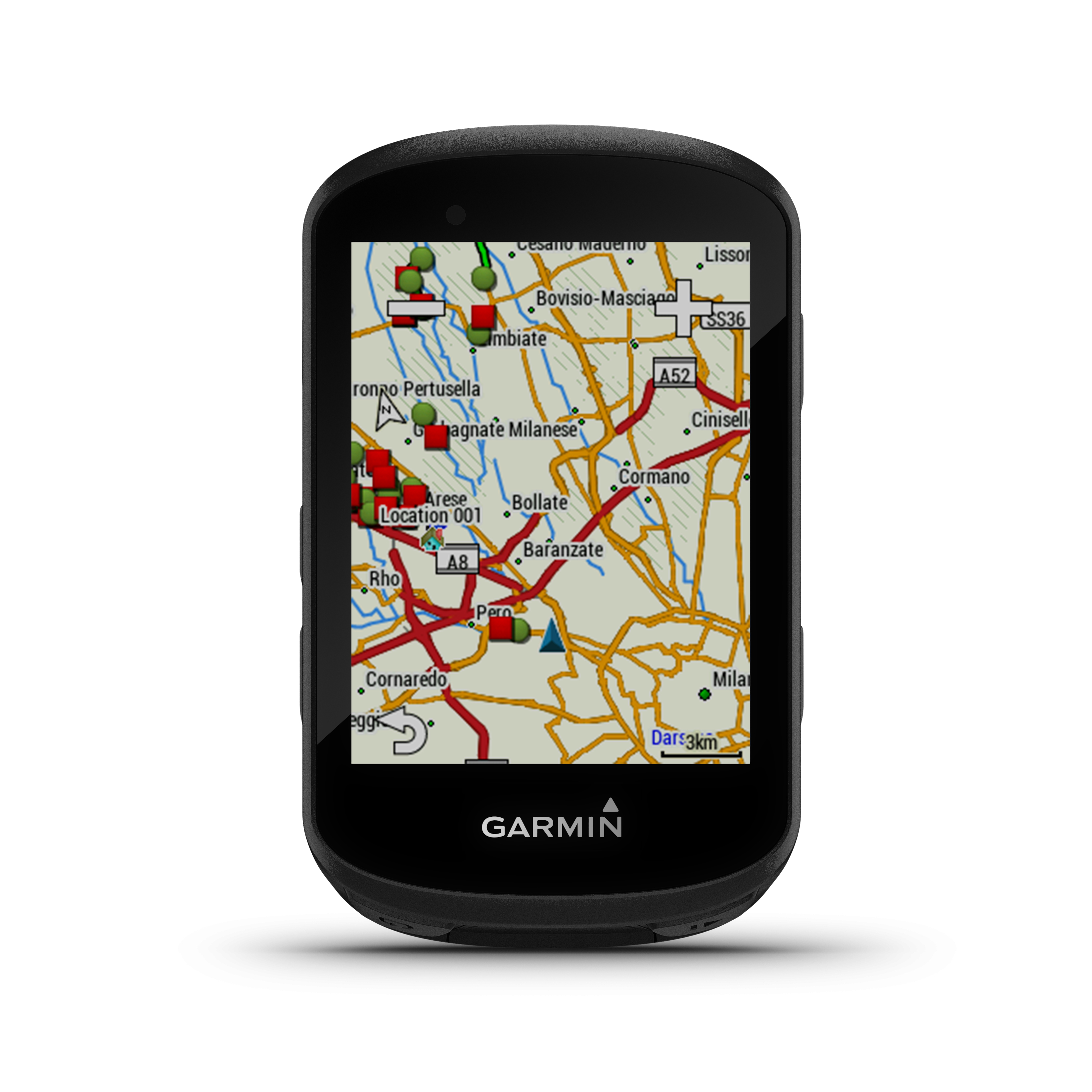 Dispositivo Garmin negro mostrando un mapa. La pantalla muestra carreteras, edificios y nombres de lugares.