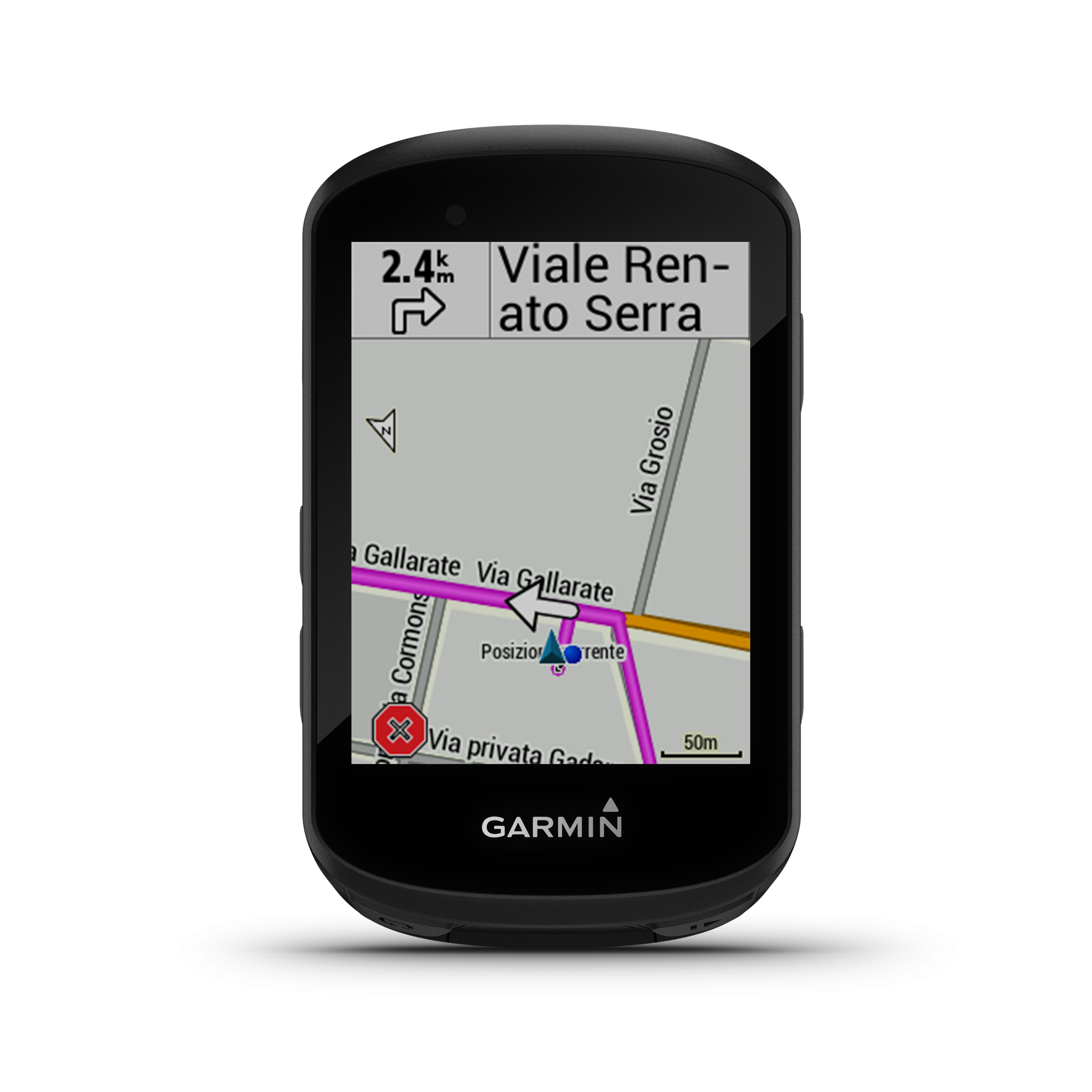 Un dispositivo GPS Garmin negro que muestra un mapa. El mapa muestra una vista de la calle con indicaciones.