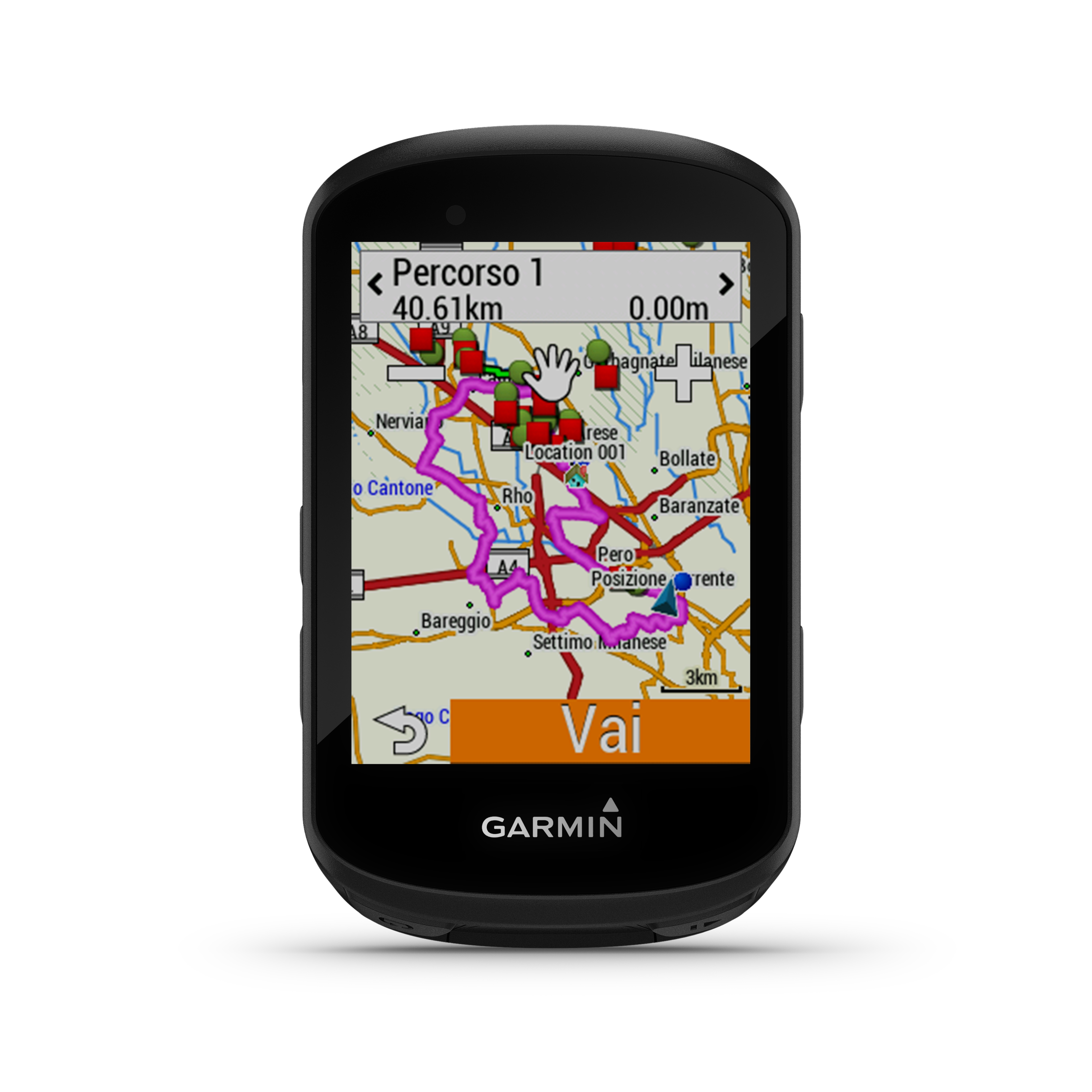 Dispositivo GPS Garmin negro que muestra un mapa y una ruta. El dispositivo está contra un fondo blanco.