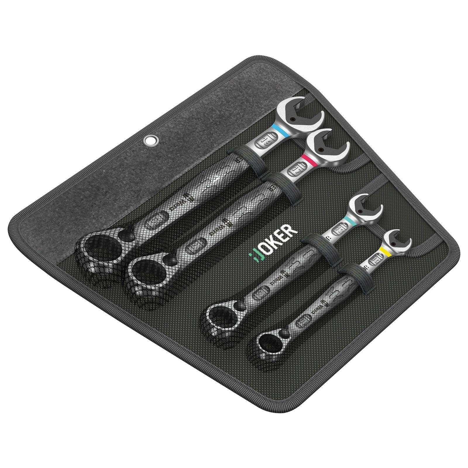 Juego de llaves en estuche negro. Herramientas plateadas, anillos de colores en mangos.
