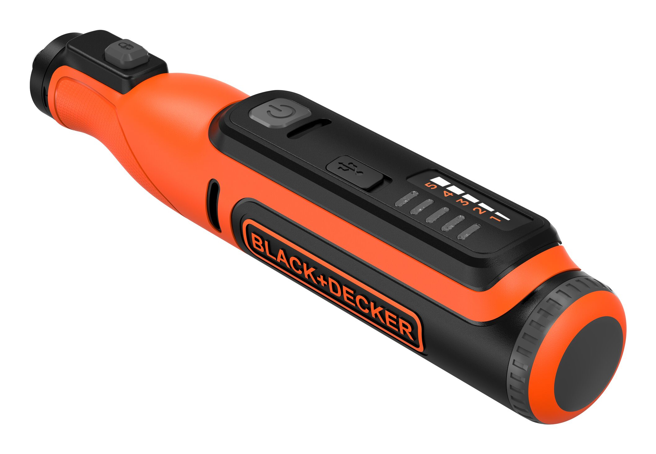 Oranger und schwarzer Elektroschrauber mit Leistungsanzeige und BLACK+DECKER Logo.