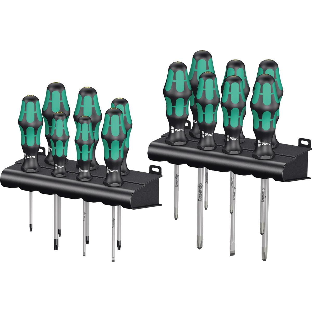 Two sets of screwdrivers in holders, black and green, Wera brand. White background, close-up shot.