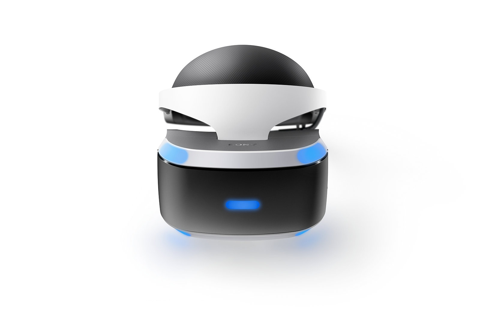 Schwarz-weißes VR-Headset mit blauen Lichtern. Isoliert auf weißem Hintergrund.