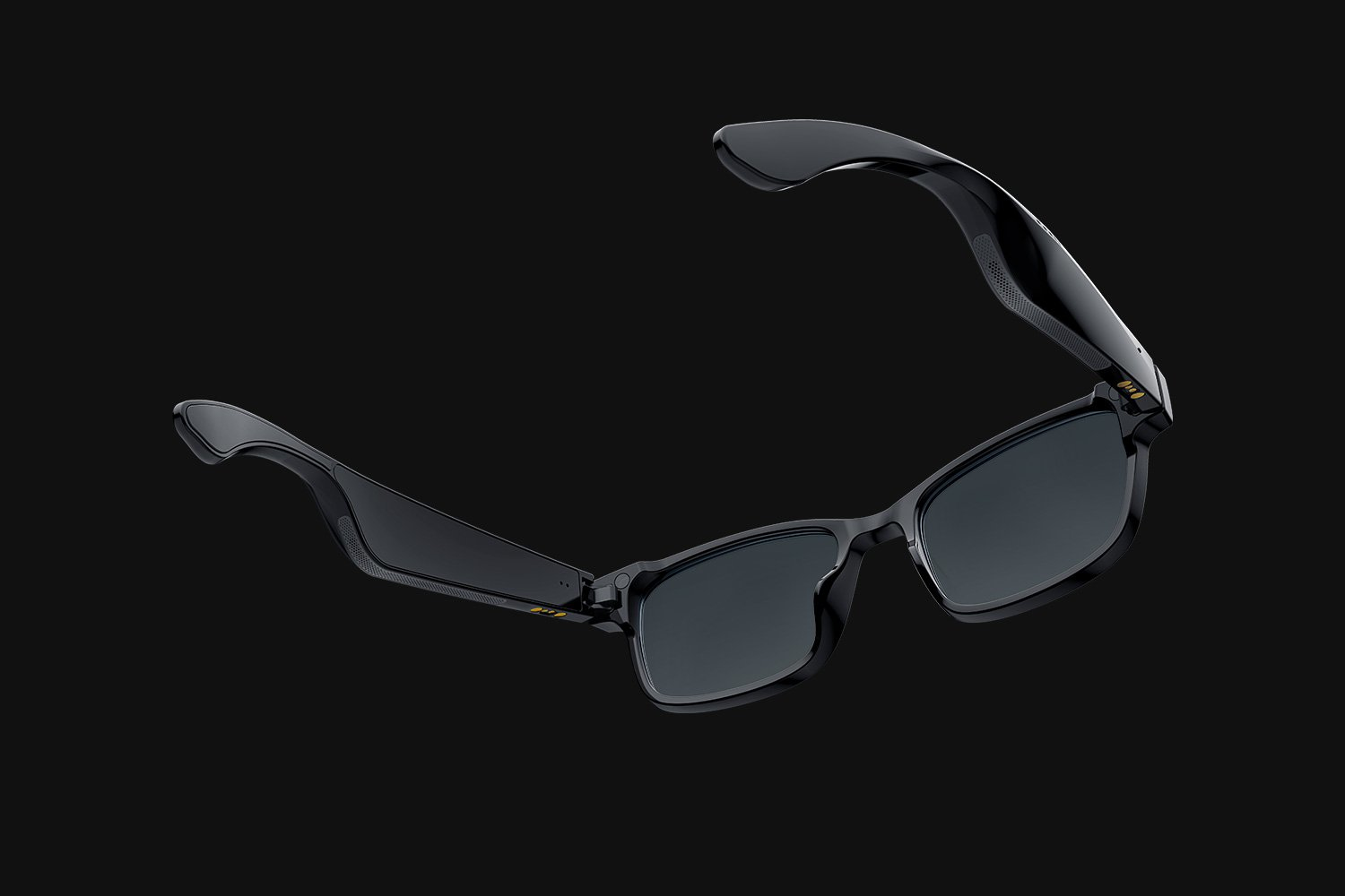 Czarne okulary przeciwsłoneczne na czarnym tle. Okulary mają elegancki, nowoczesny design.
