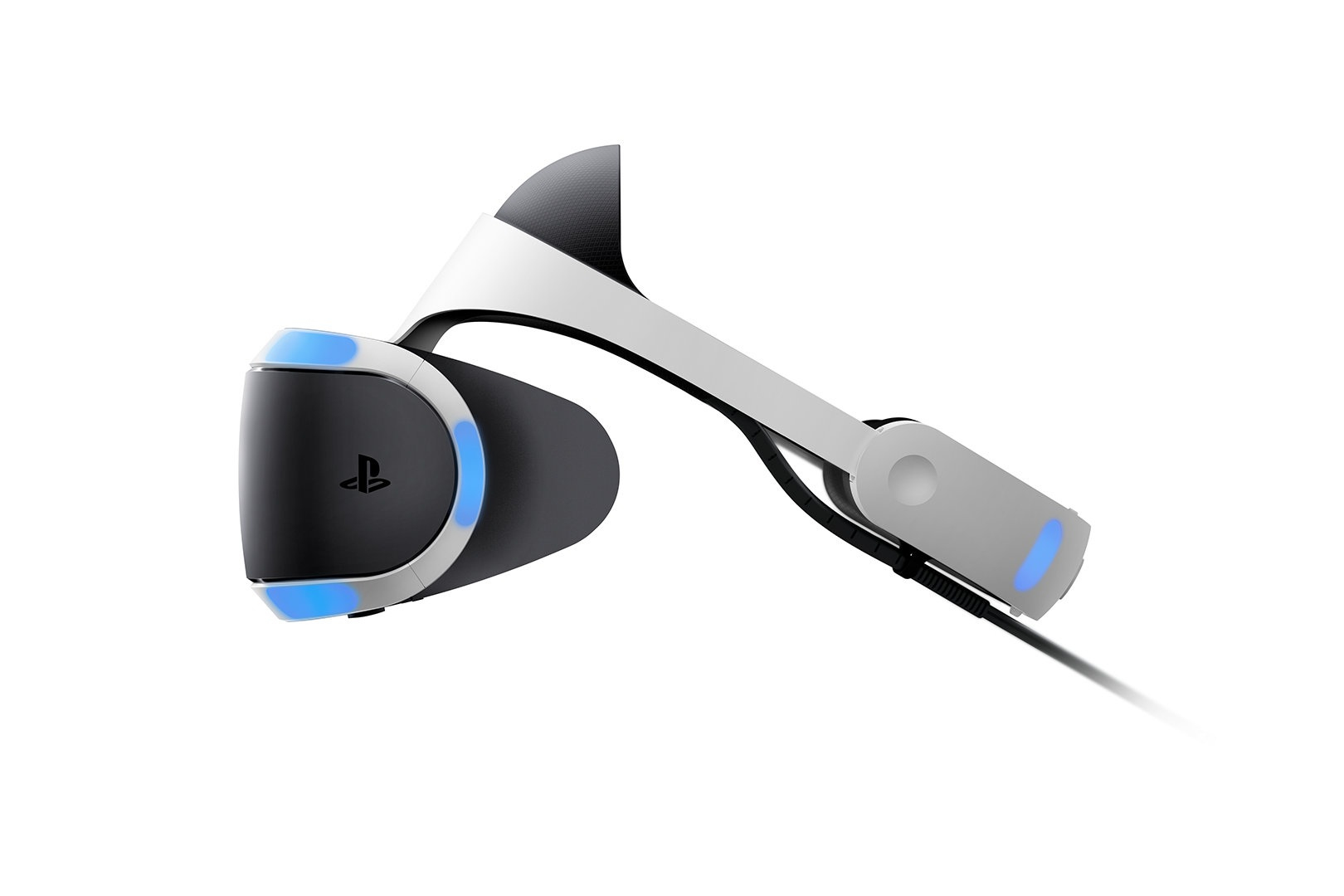 Ein schwarz-weißes PlayStation VR-Headset mit blauen Lichtern und Kabel.