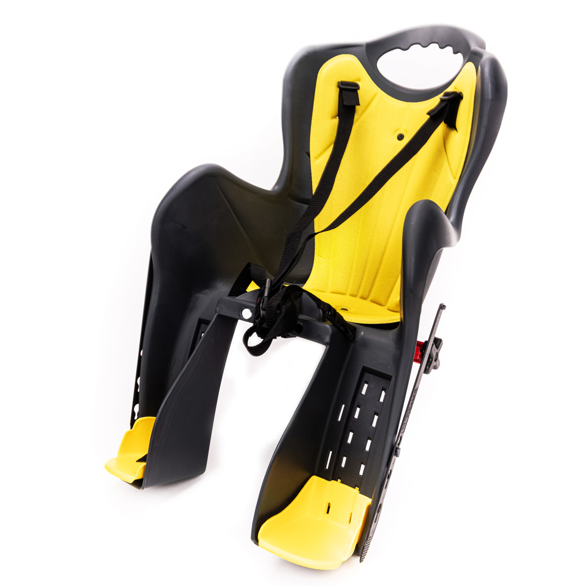 Un seggiolino per bicicletta nero e giallo su sfondo bianco.