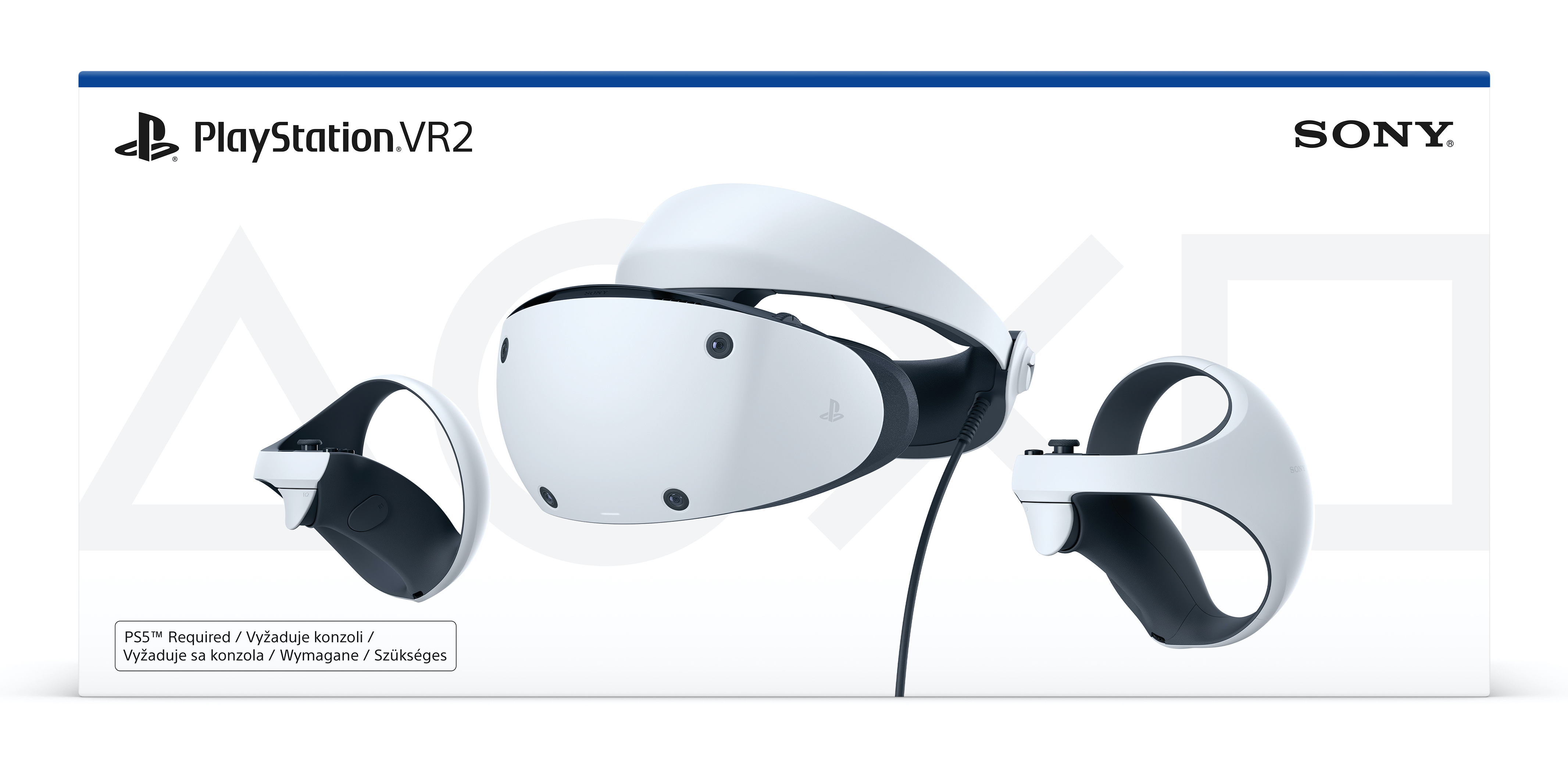Biały i czarny zestaw słuchawkowy PlayStation VR2 i kontrolery są wyświetlane na białym tle. Widoczne jest logo Sony.