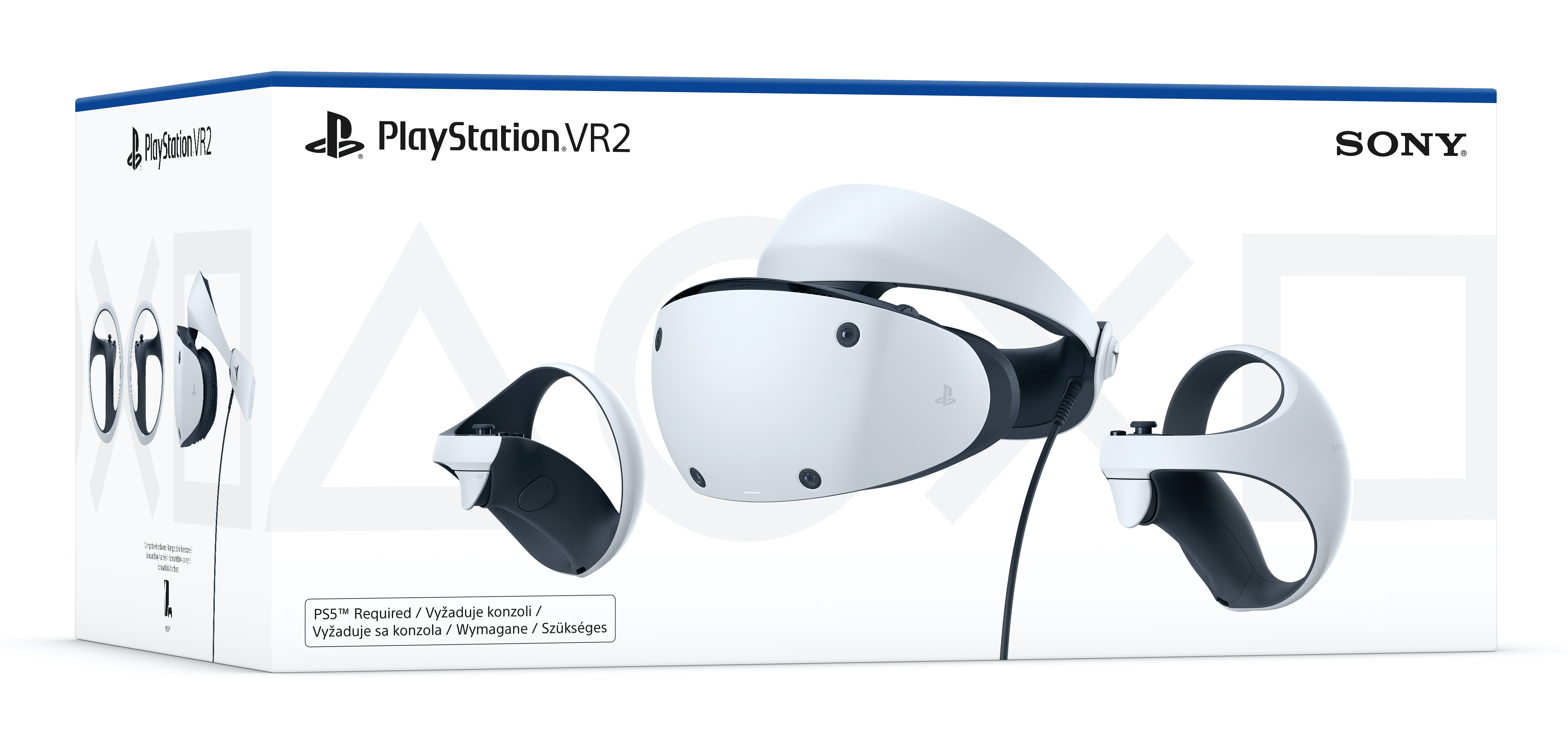 Pudełko zestawu słuchawkowego i kontrolerów PlayStation VR2. Widoczny biało-czarny design, logo Sony i marka PlayStation VR2.
