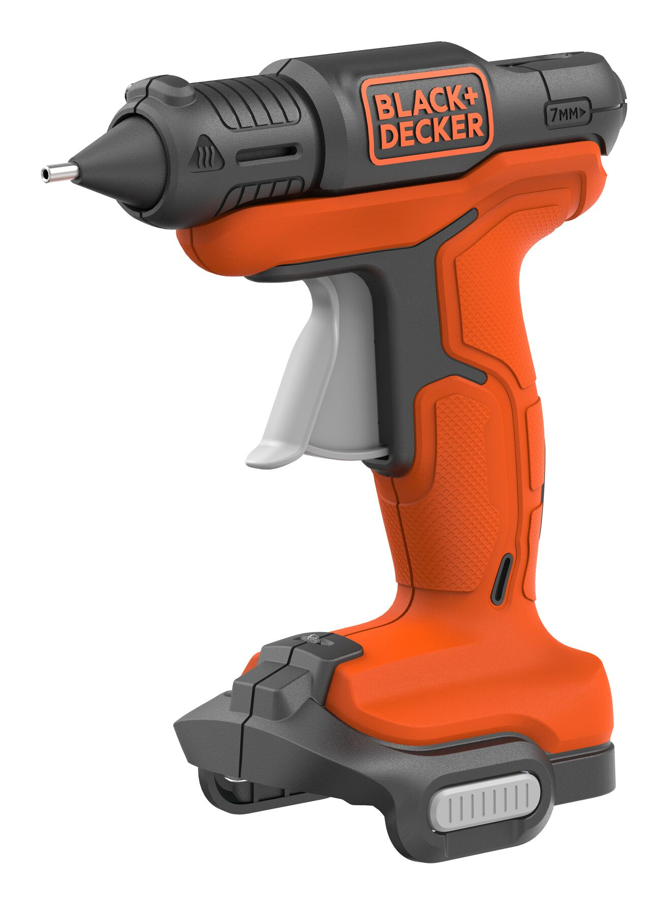 Pistola per colla Black+Decker arancione e nera con grilletto bianco.