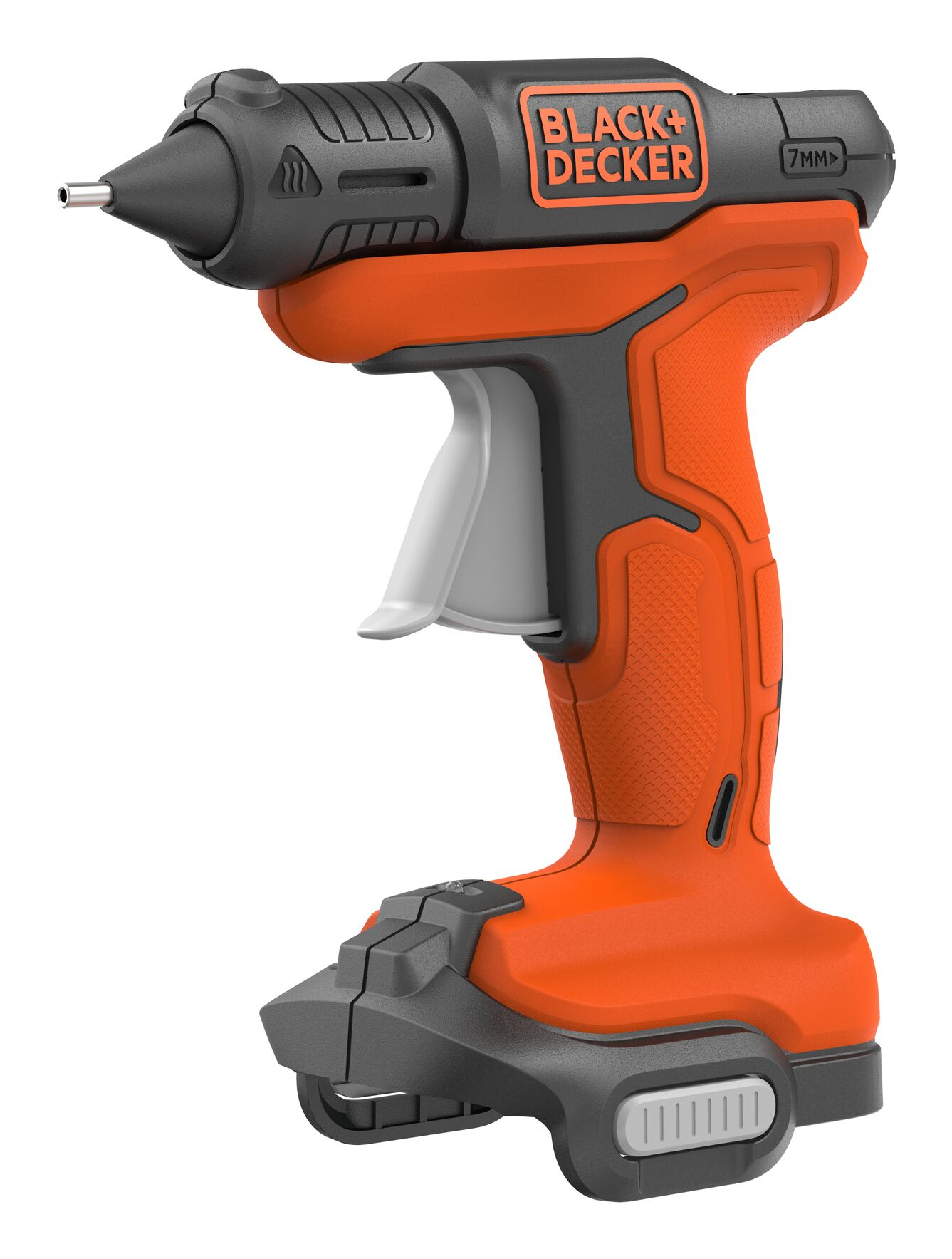 Pistola per colla Black+Decker arancione e nera con grilletto bianco.
