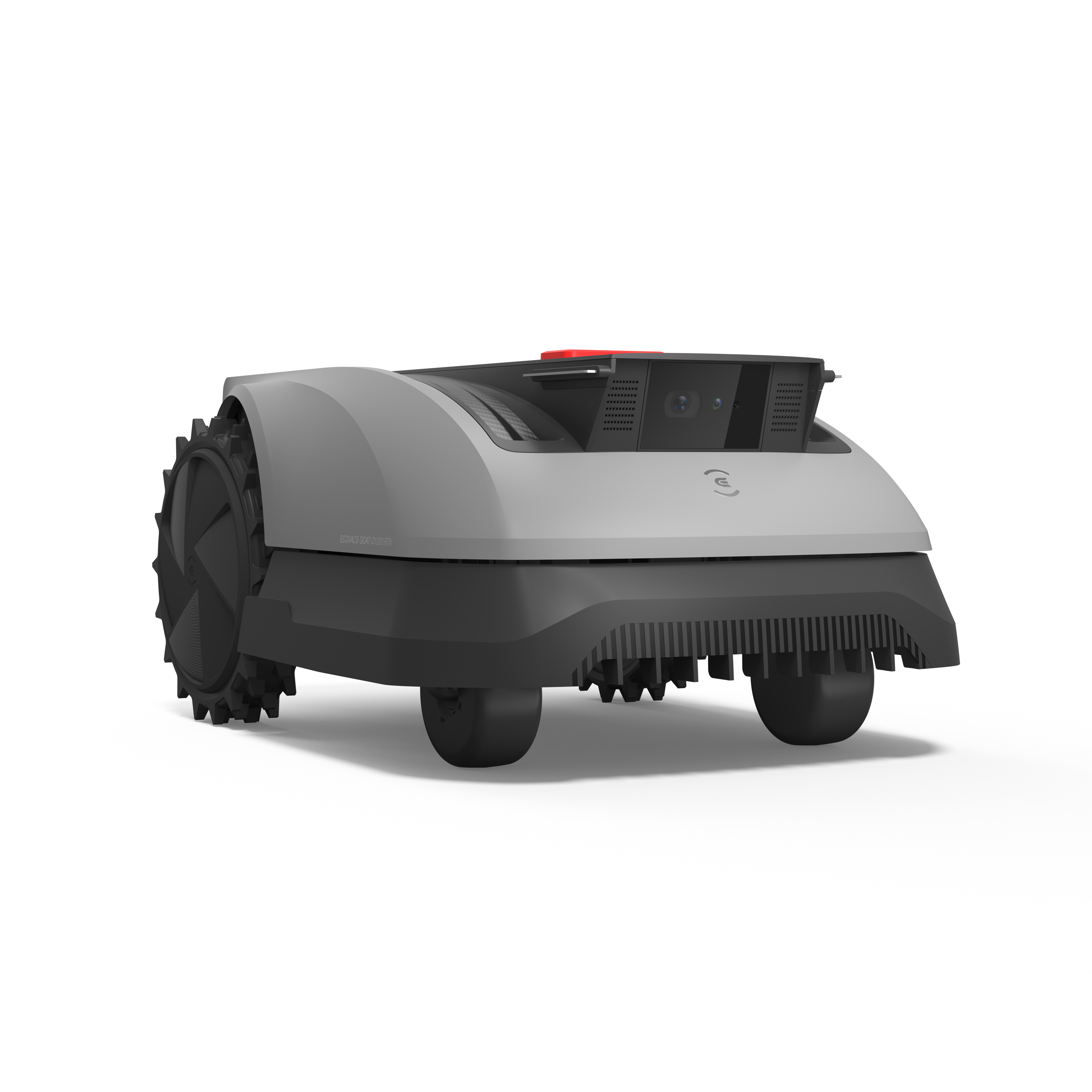 Mähroboter mit markantem Design, isoliert auf Weiß.