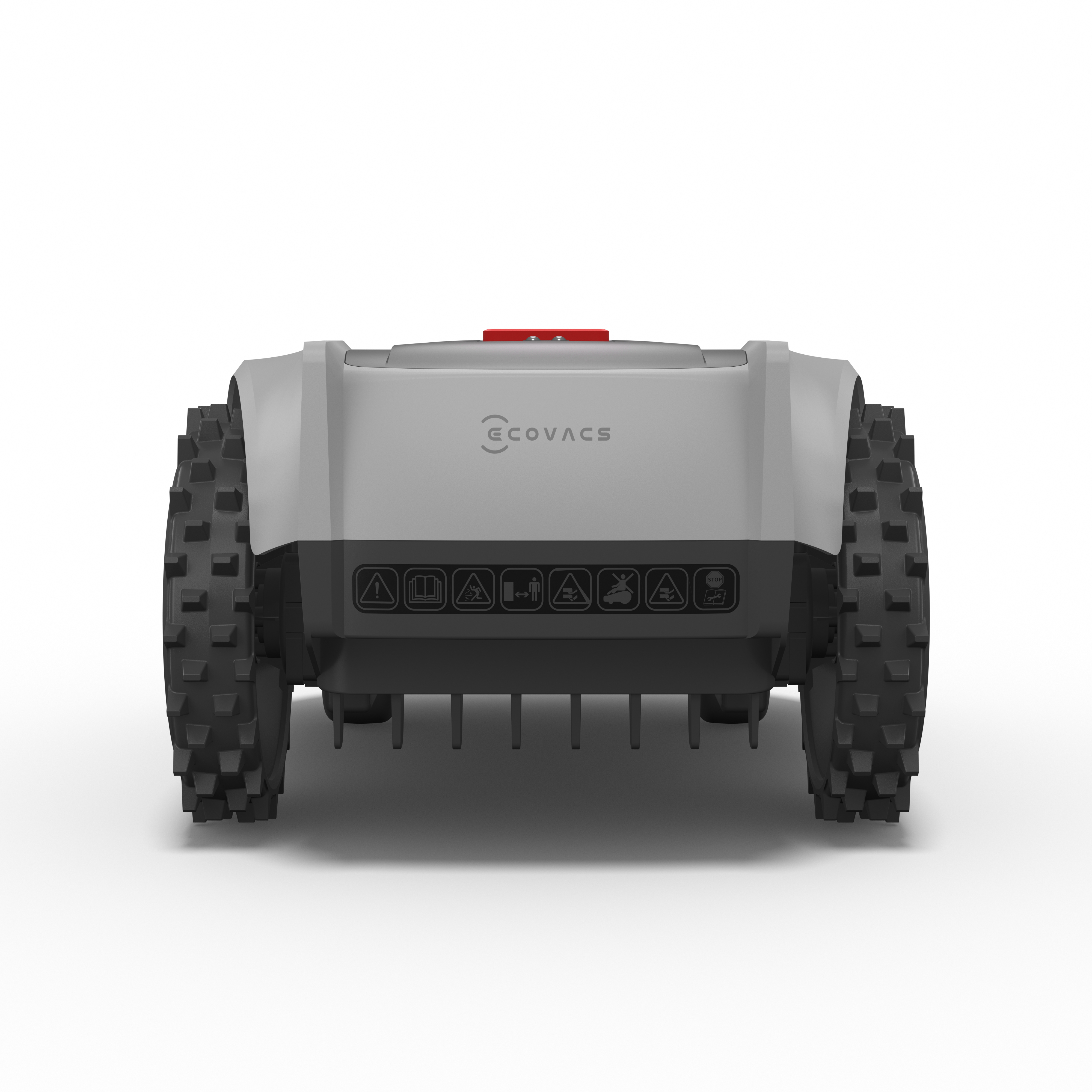 Ein grauer Rasenmähroboter mit schwarzen Rädern und einem roten Knopf oben, isoliert auf Weiß.