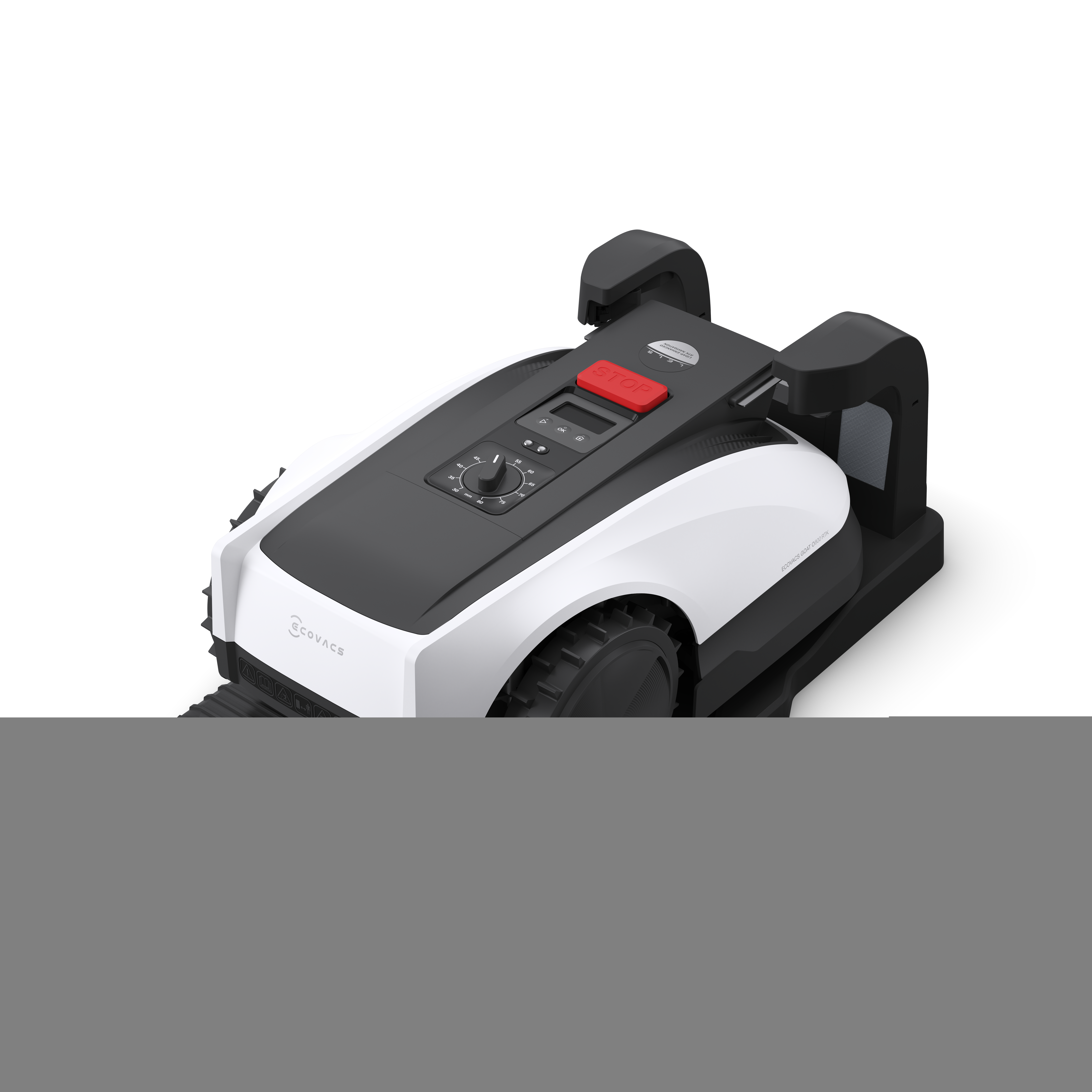 Robot koszący, biało-czarny z czerwonym przyciskiem na górze. Ma czarną podstawę.