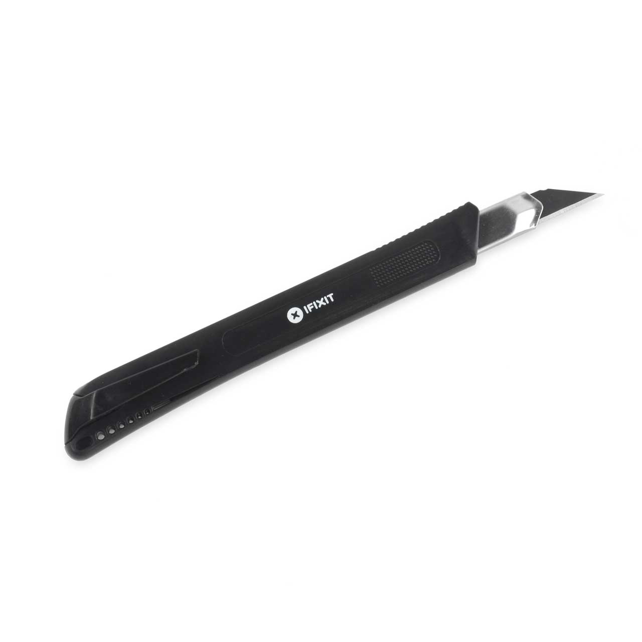 Schwarzes iFixit-Utility-Messer, Klinge ausgefahren, auf weißem Hintergrund.