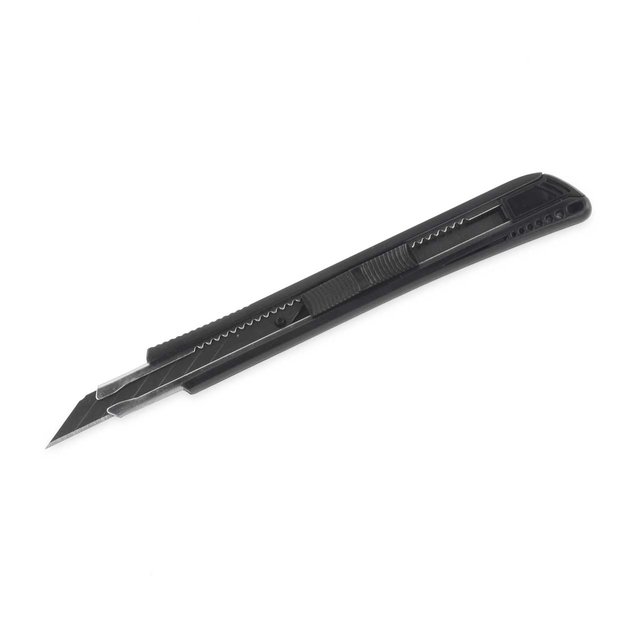 Schwarzes iFixit-Utility-Messer, Klinge ausgefahren, auf weißem Hintergrund.