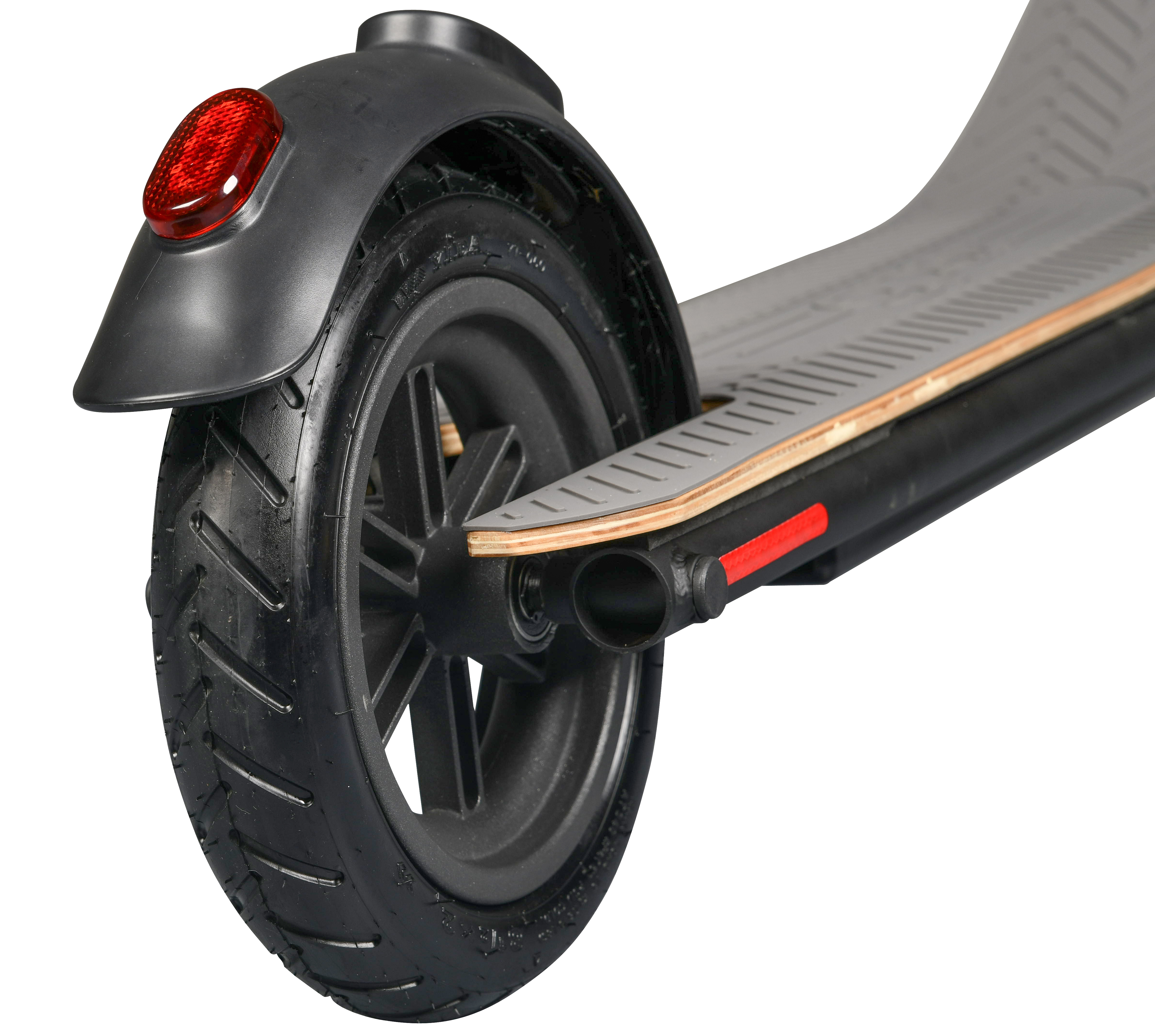 Black scooter wheel with a red light and a black fender. The scooter's deck is visible.