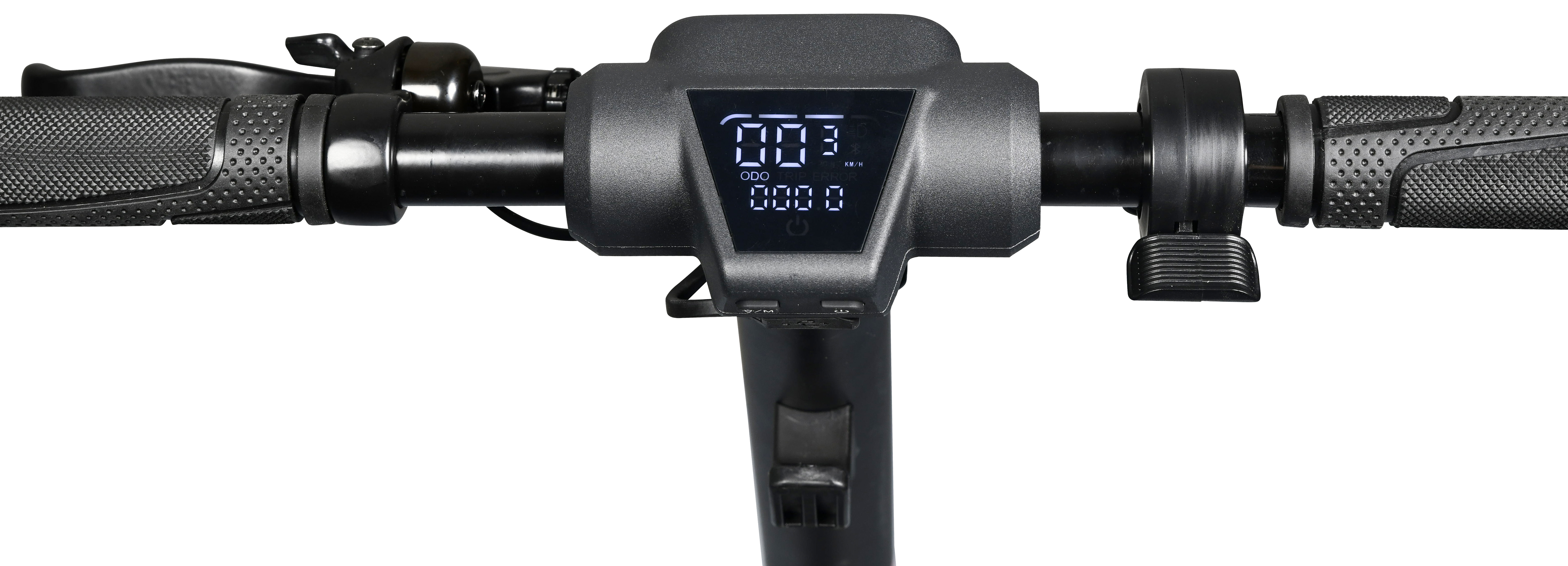 Close-up of an electric scooter handlebar. Shows speed and distance on a display.